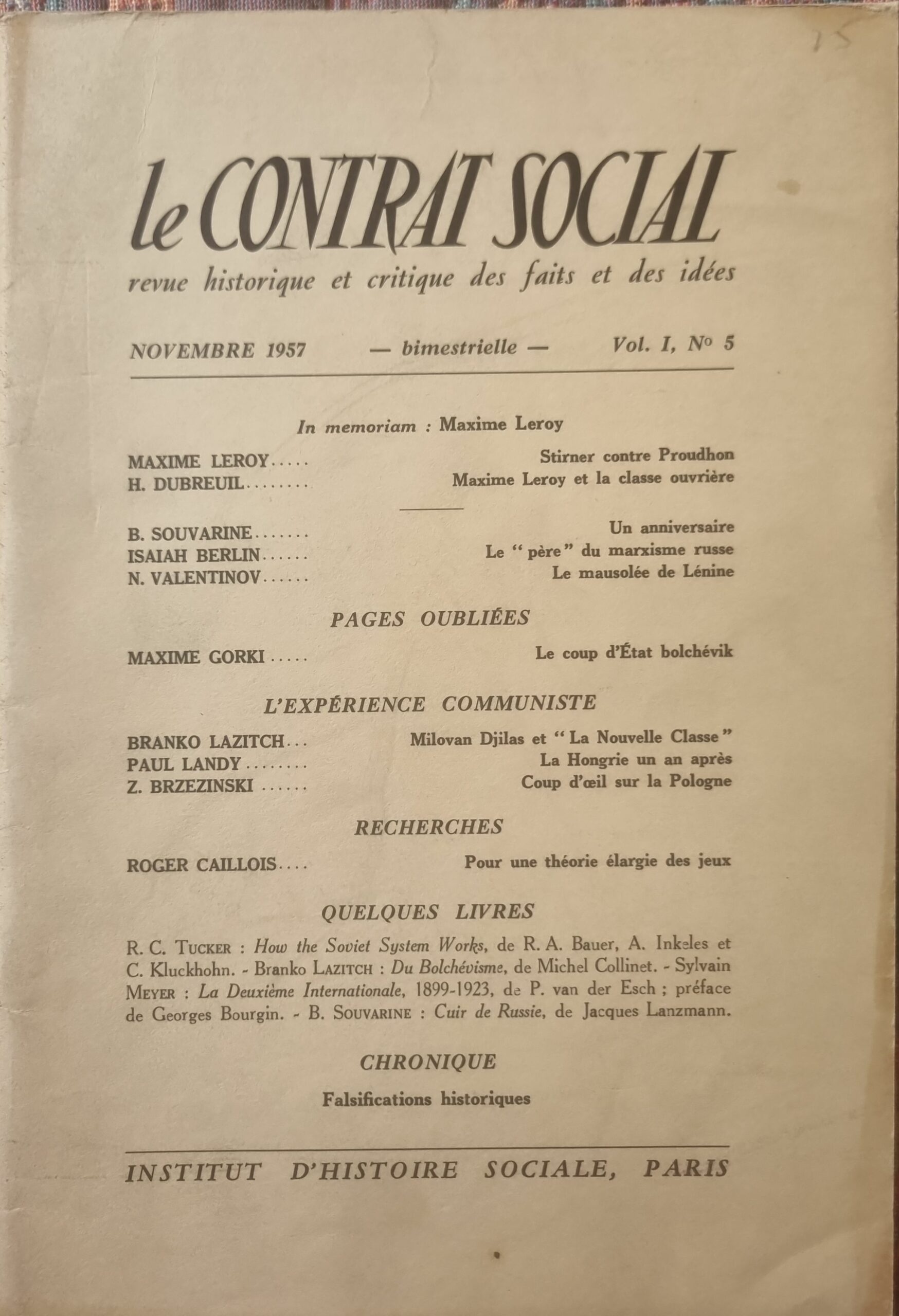 Le Contrat Social : revue historique et critique des faits et des idées (Vol. I, N° 5)