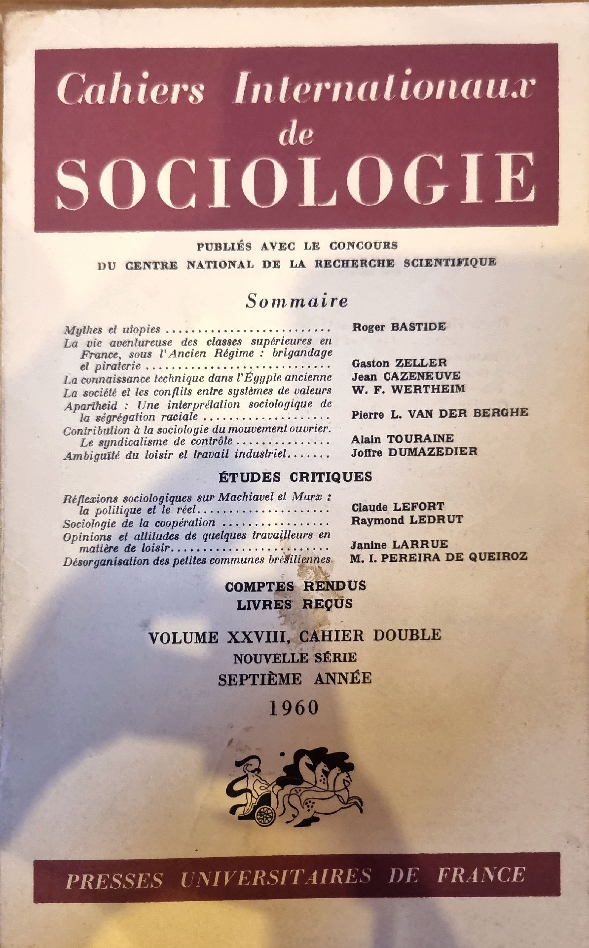 Cahiers Internationaux de Sociologie. Volume XXVIII, Cahier Double, Nouvelle Série, Septième Année