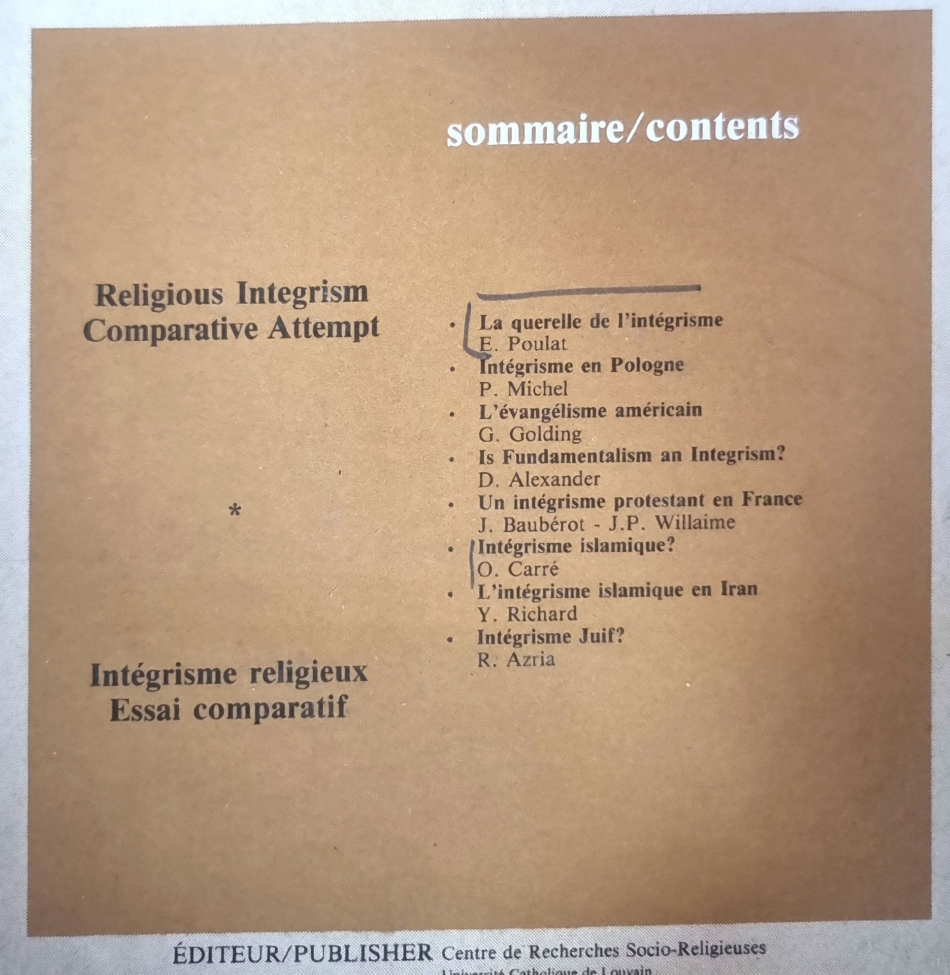 Intégrisme religieux, Essai comparatif / Religious Integrism, Comparative Attempt