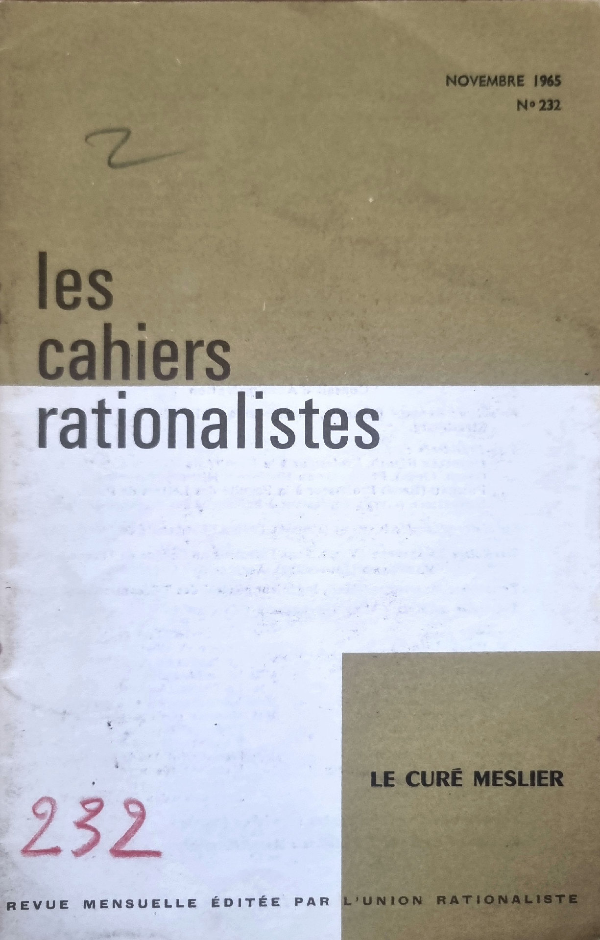 Les cahiers rationalistes. N° 232 : Le Curé Meslier