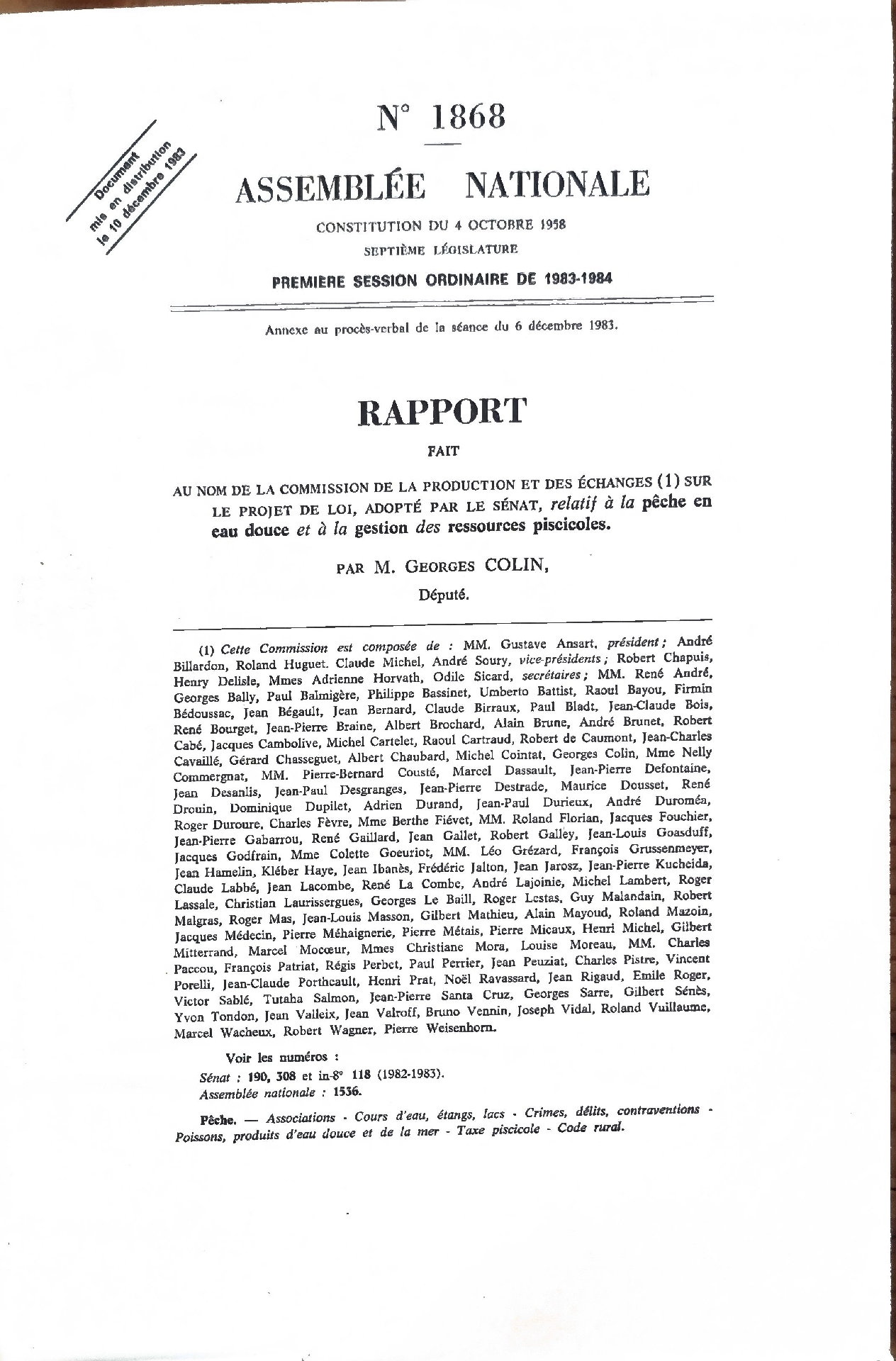 RAPPORT FAIT AU NOM DE LA COMMISSION DE LA PRODUCTION ET DES ÉCHANGES SUR LE PROJET DE LOI, ADOPTÉ PAR LE SÉNAT, RELATIF À LA PÊCHE EN EAU DOUCE ET À LA GESTION DES RESSOURCES PISCICOLES