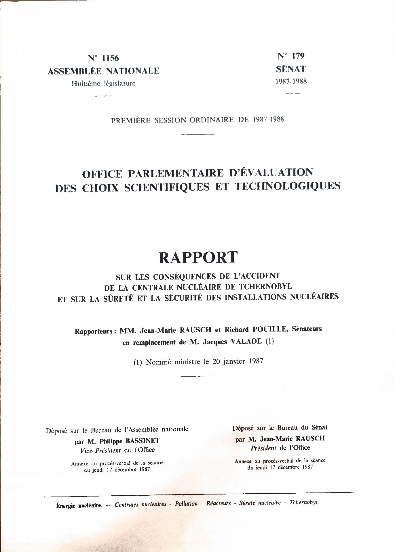 Rapport sur les conséquences de l&rsquo;accident de la centrale nucléaire de Tchernobyl et sur la sûreté et la sécurité des installations nucléaires