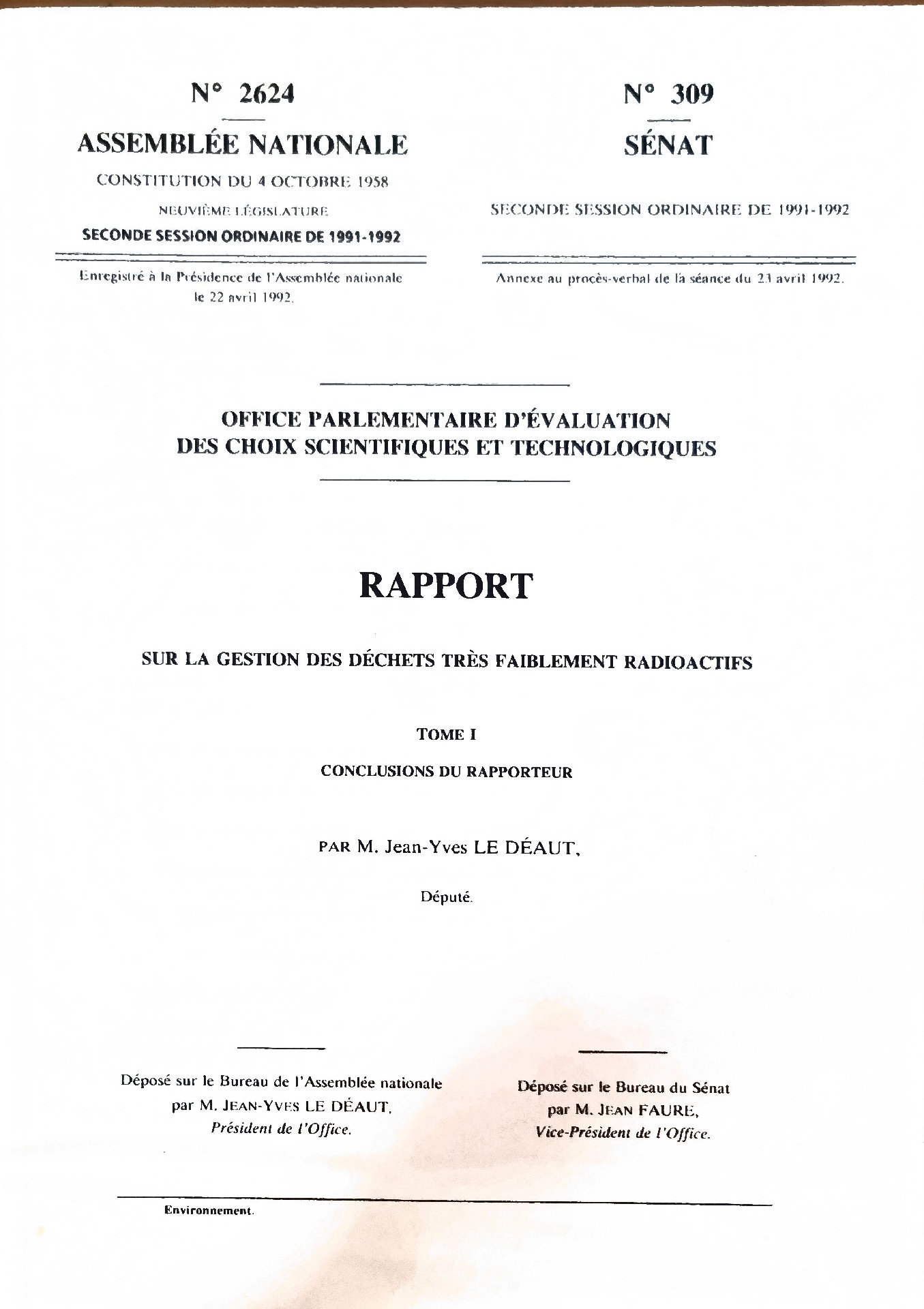 Rapport sur la gestion des déchets très faiblement radioactifs – Tome I : Conclusions du rapport