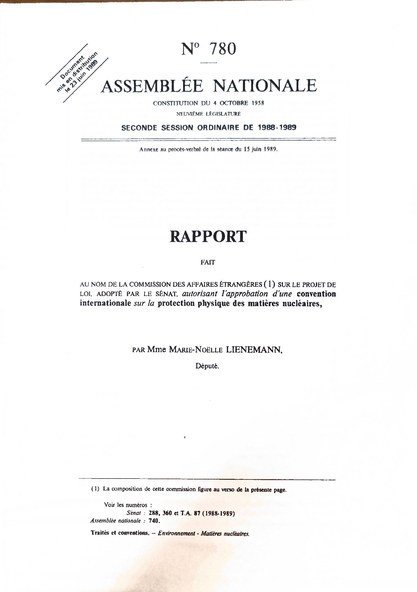 Rapport fait au nom de la Commission des Affaires Étrangères sur le projet de loi, adopté par le Sénat, autorisant l&rsquo;approbation d&rsquo;une convention internationale sur la protection physique des matières nucléaires