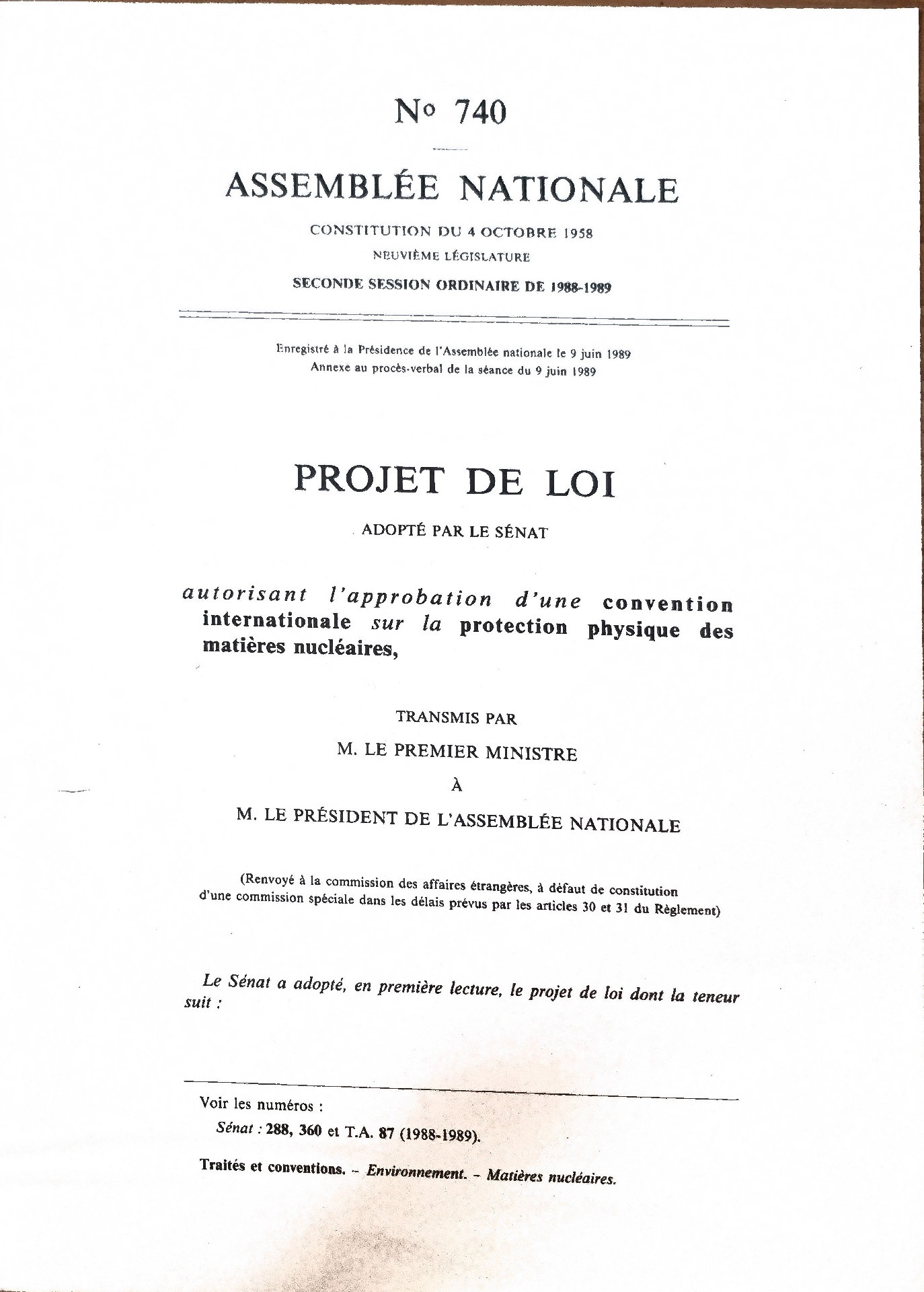 PROJET DE LOI autorisant l&rsquo;approbation d&rsquo;une convention internationale sur la protection physique des matières nucléaires