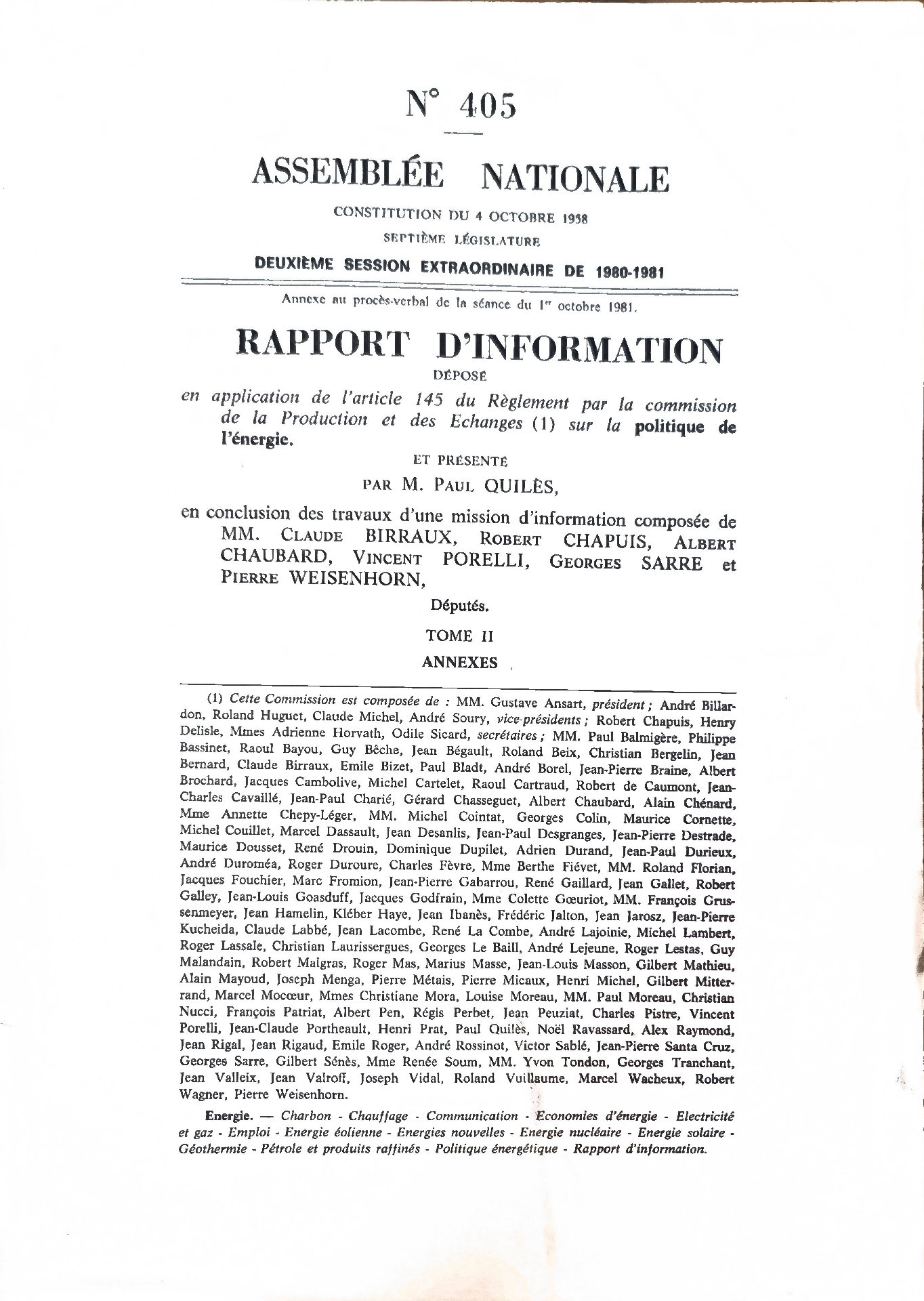 Rapport d&rsquo;information sur la politique de l&rsquo;énergie, Tome II, Annexes