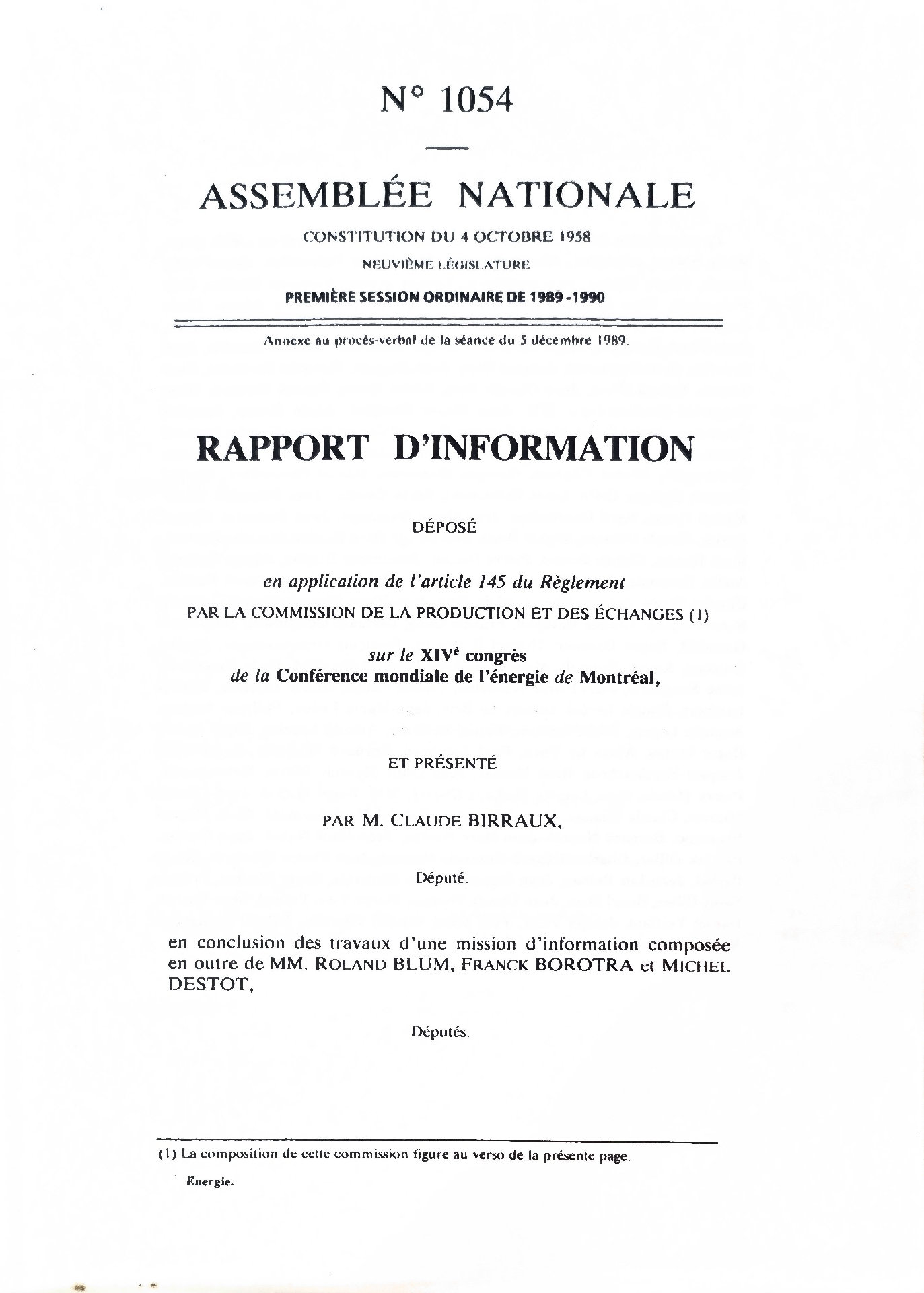 Rapport d&rsquo;information sur le XIVe congrès de la Conférence mondiale de l&rsquo;énergie de Montréal