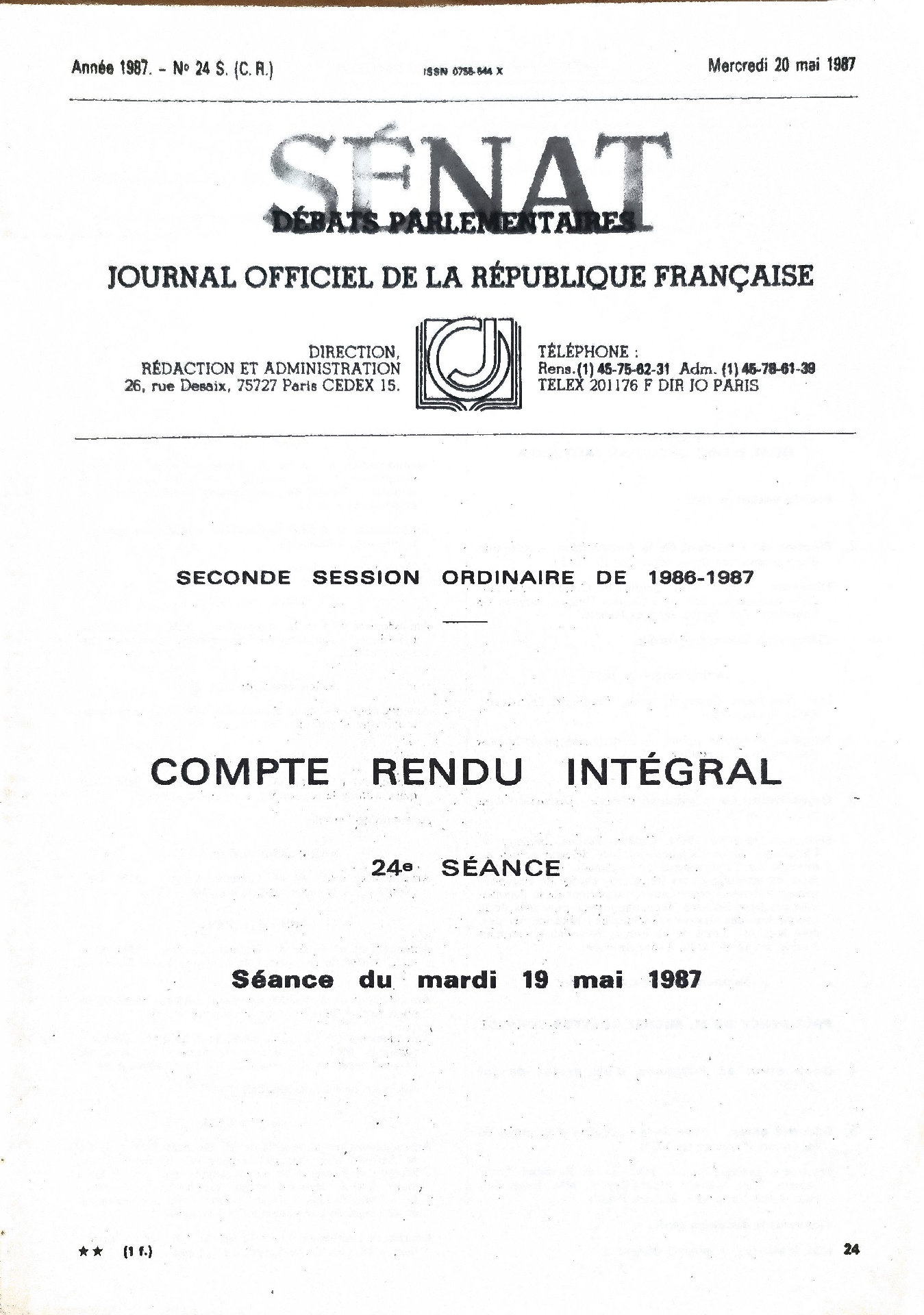 Sénat – Débats Parlementaires – Compte Rendu Intégral – 24e Séance – Séance du mardi 19 mai 1987