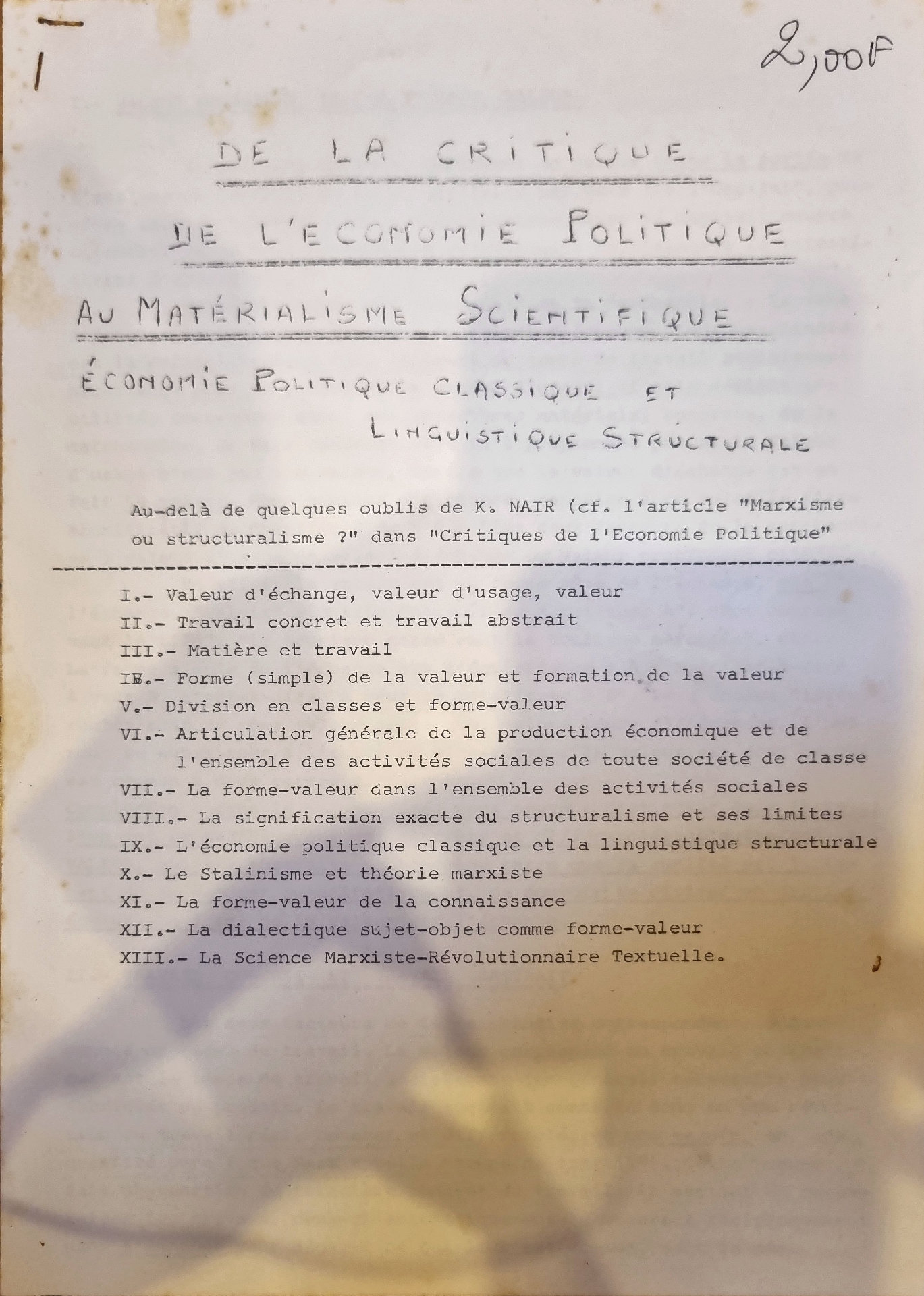 DE LA CRITIQUE DE L&rsquo;ÉCONOMIE POLITIQUE AU MATÉRIALISME SCIENTIFIQUE Économie Politique Classique ET LINGUISTIQUE STRUCTURALE
