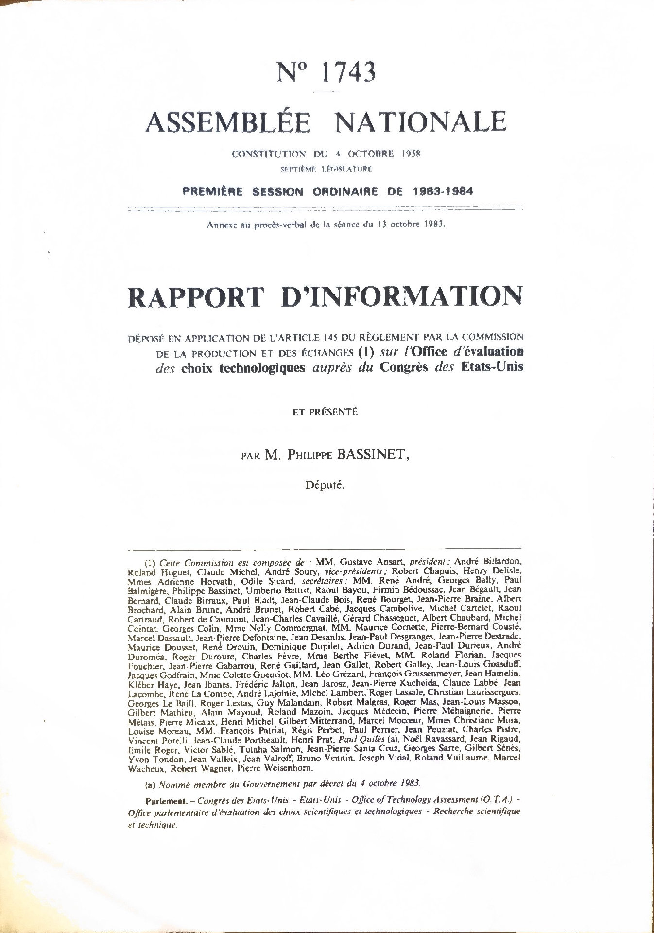 Rapport d&rsquo;information déposé en application de l&rsquo;article 145 du Règlement par la Commission de la production et des échanges sur l&rsquo;Office d&rsquo;évaluation des choix technologiques auprès du Congrès des États-Unis