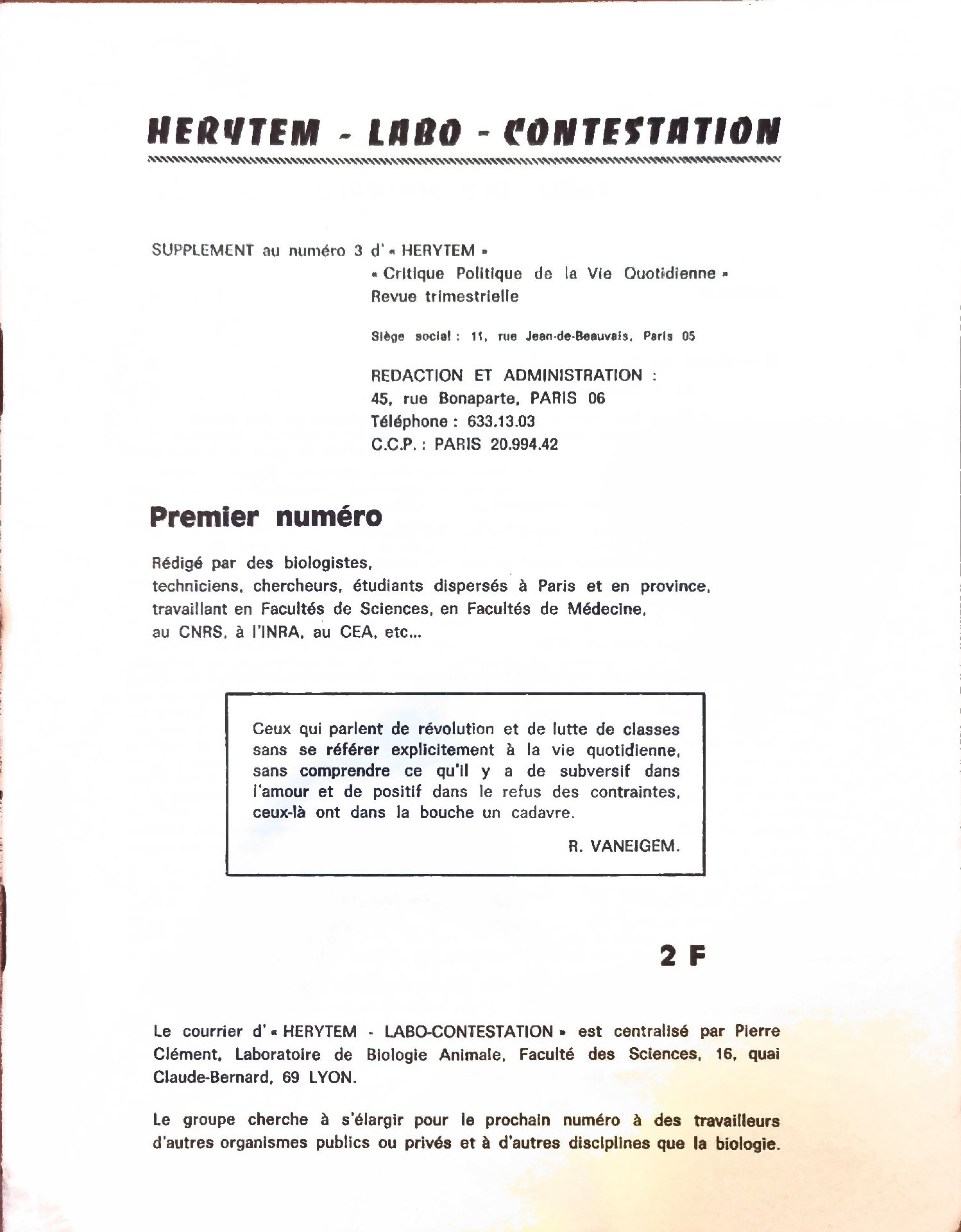 HERYTEM – LABO – CONTESTATION – Premier numéro