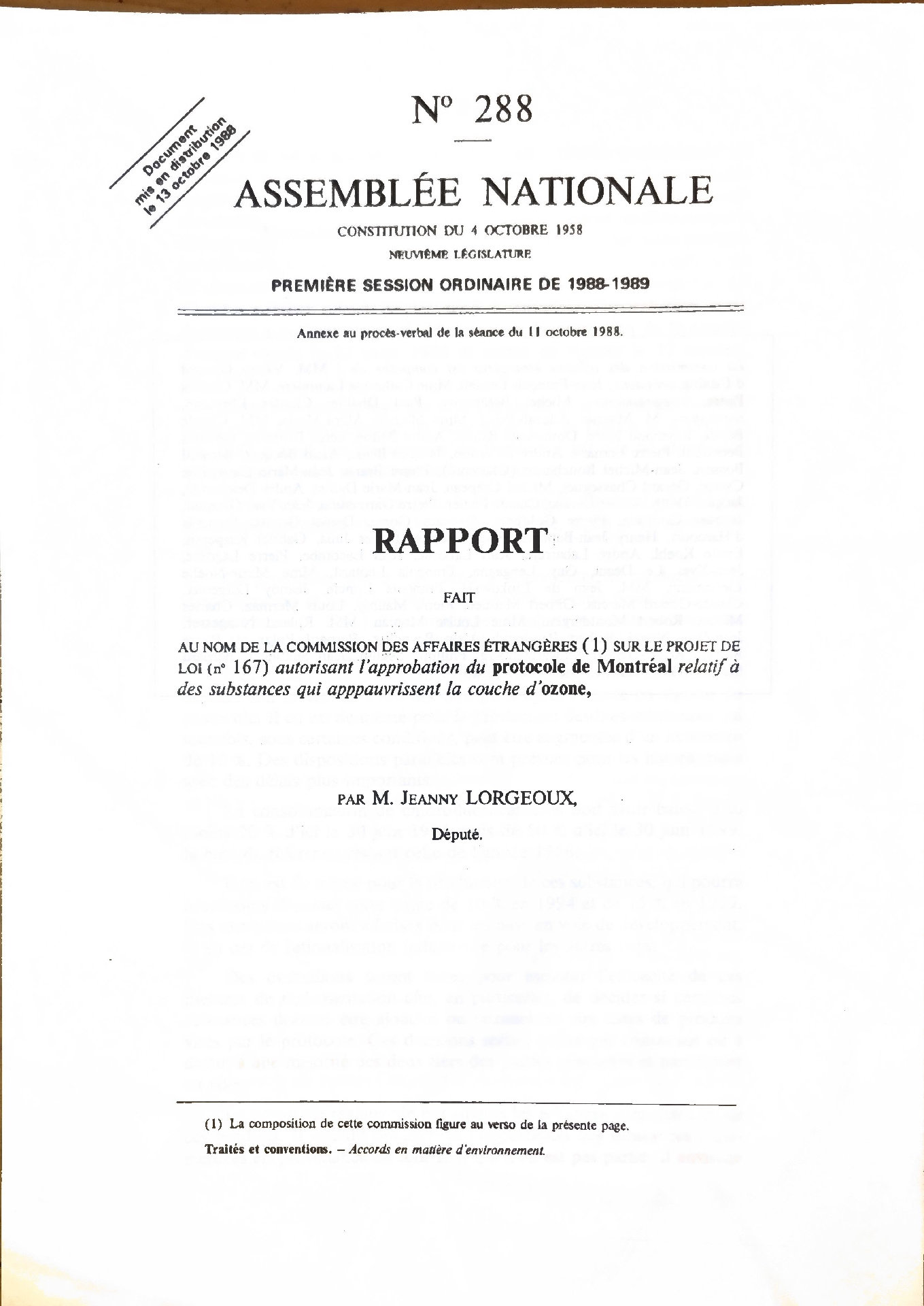 RAPPORT FAIT AU NOM DE LA COMMISSION DES AFFAIRES ÉTRANGÈRES (1) SUR LE PROJET DE LOI (n° 167) autorisant l&rsquo;approbation du protocole de Montréal relatif à des substances qui appauvrissent la couche d&rsquo;ozone