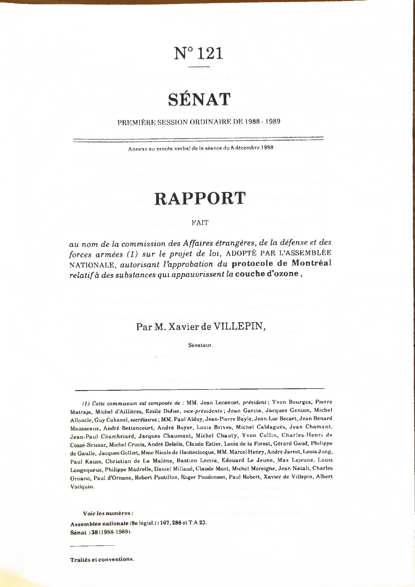 Rapport sur le projet de loi autorisant l&rsquo;approbation du protocole de Montréal relatif aux substances qui appauvrissent la couche d&rsquo;ozone