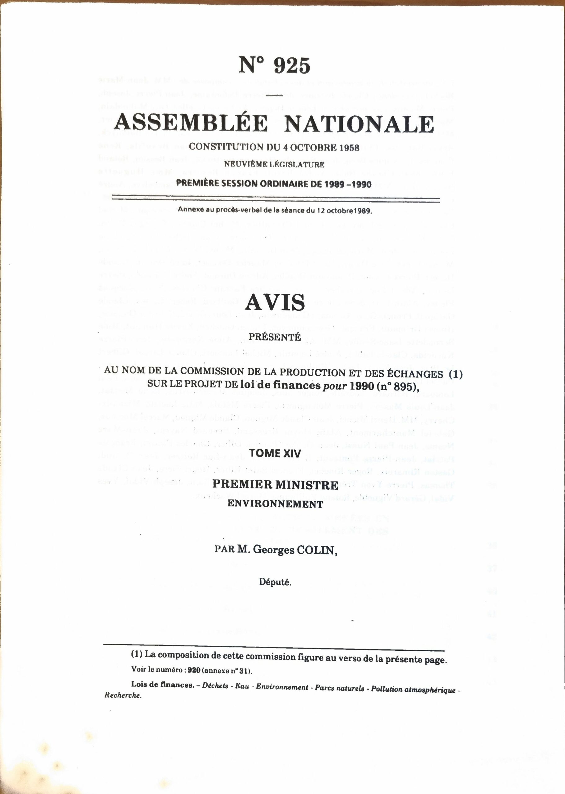 Avis présenté au nom de la Commission de la production et des échanges sur le projet de loi de finances pour 1990 (n° 895), Tome XIV, Premier Ministre, Environnement