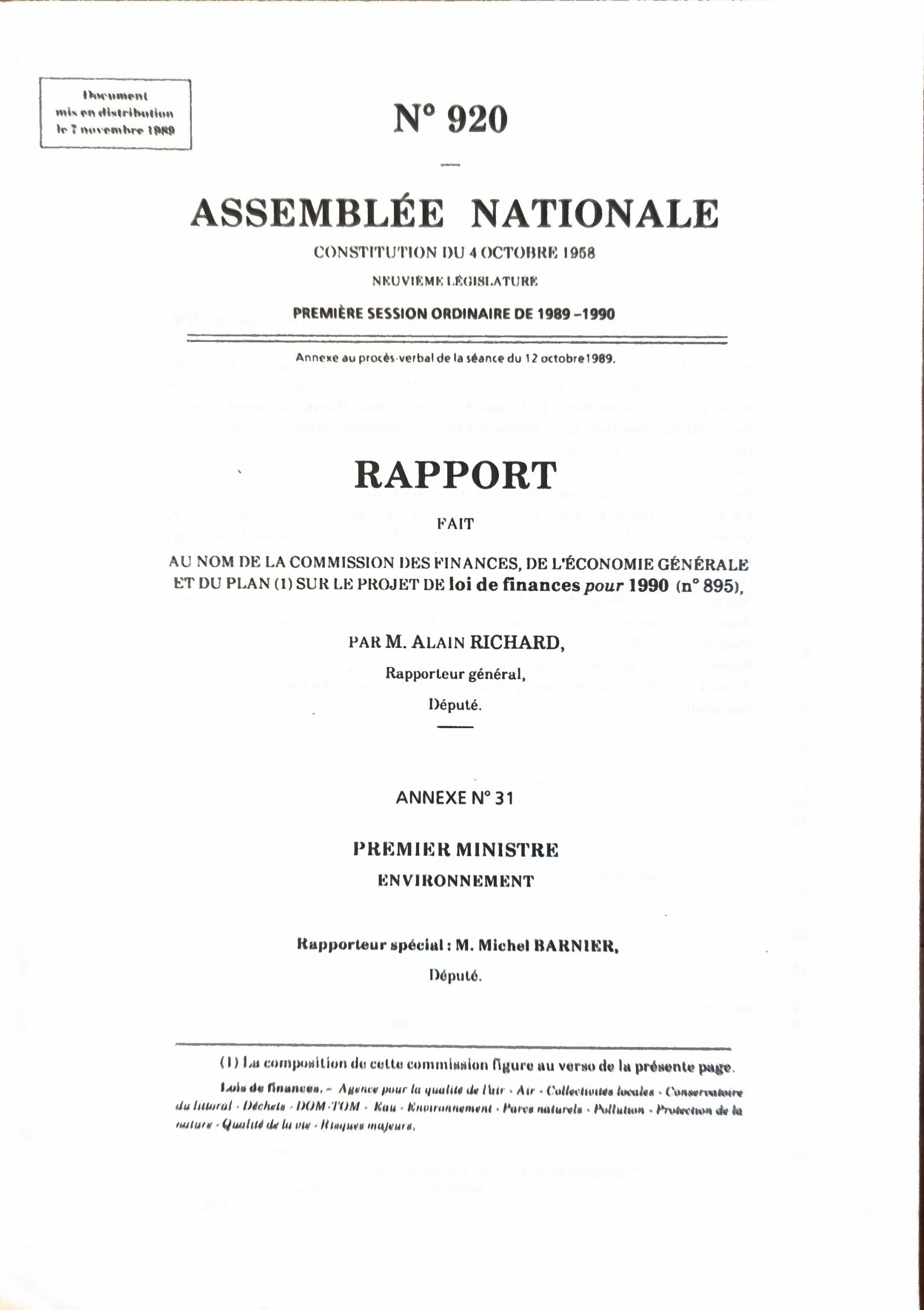 Rapport N° 920 sur le projet de loi de finances pour 1990 (n° 895)