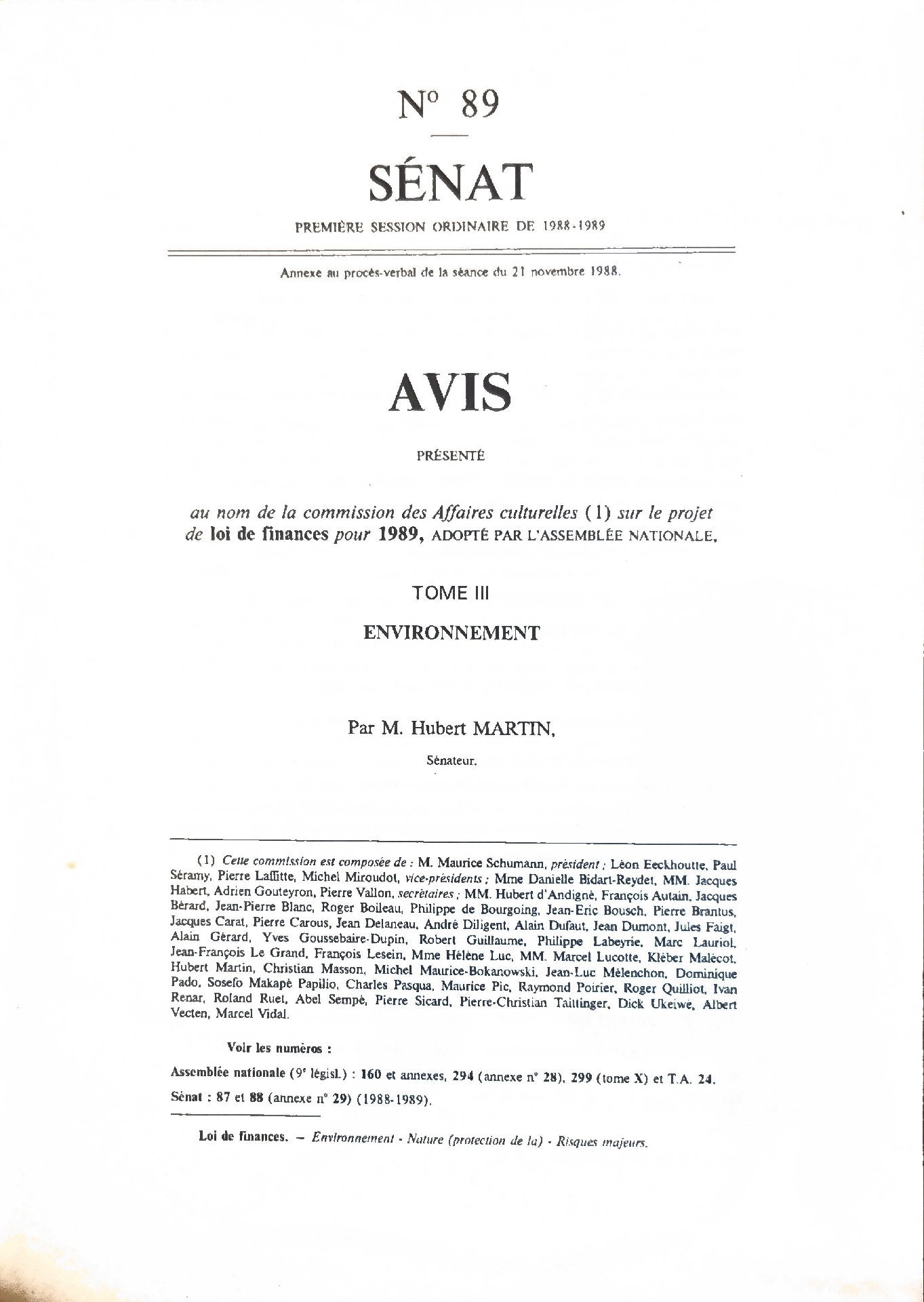 Avis sur le projet de loi de finances pour 1989 : Tome III, Environnement (Sénat, N° 89)