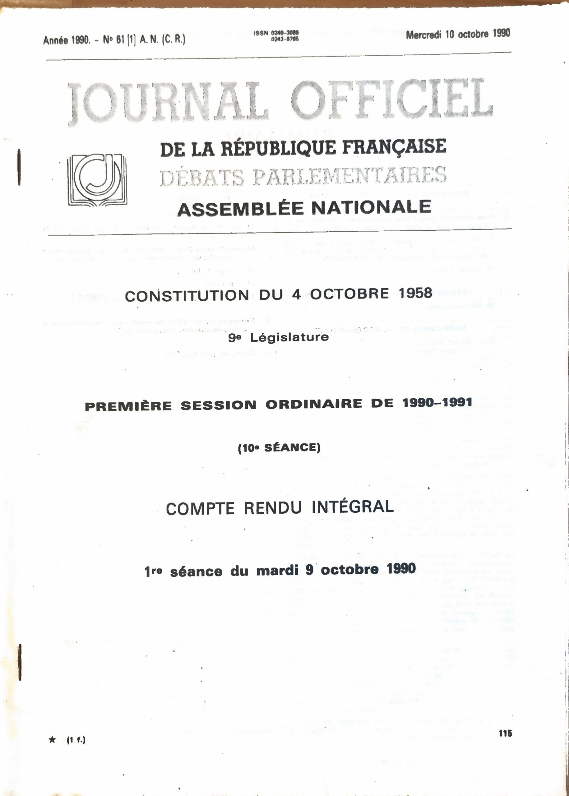 Journal Officiel de la République Française : Débats Parlementaires Assemblée Nationale – Compte Rendu Intégral 1re séance du mardi 9 octobre 1990