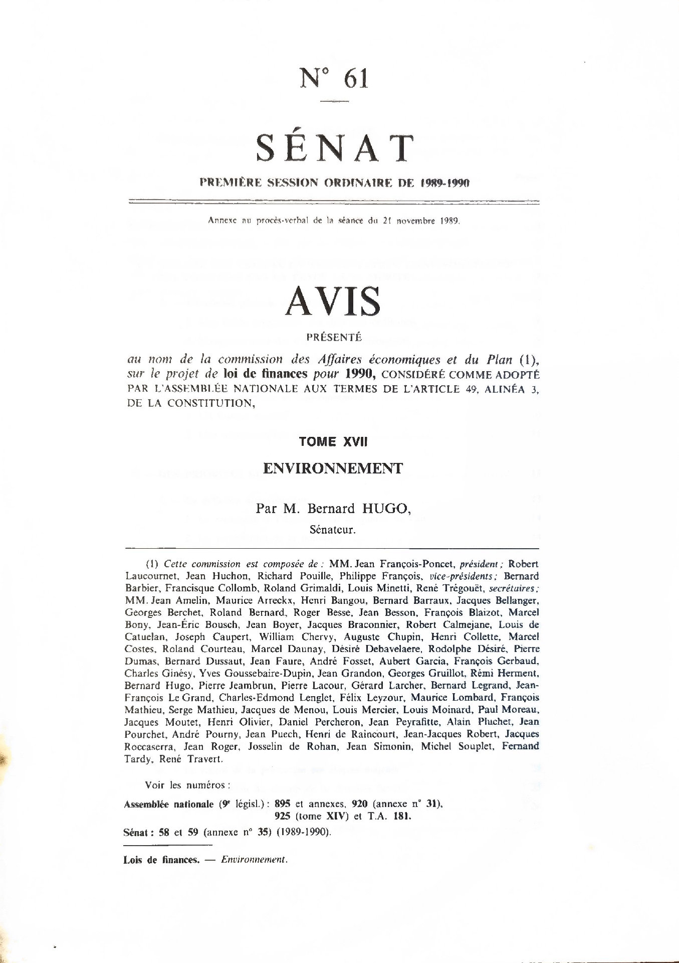 Avis sur le projet de loi de finances pour 1990 – Tome XVII Environnement