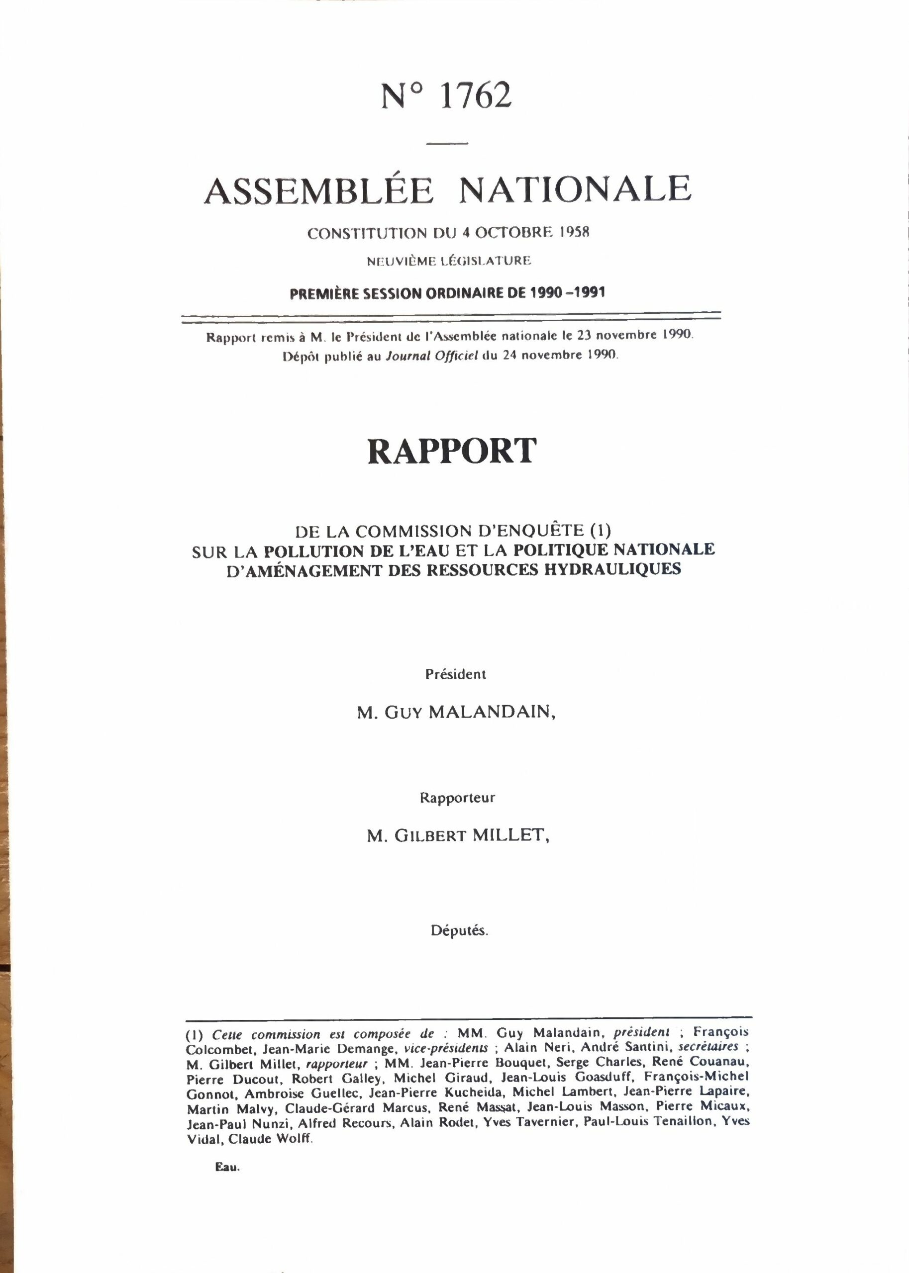 RAPPORT DE LA COMMISSION D&rsquo;ENQUÊTE SUR LA POLLUTION DE L&rsquo;EAU ET LA POLITIQUE NATIONALE D&rsquo;AMÉNAGEMENT DES RESSOURCES HYDRAULIQUES