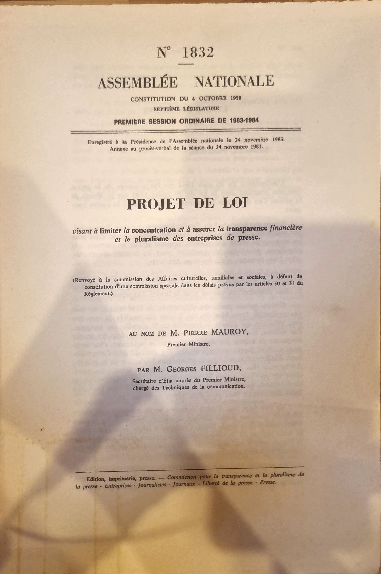 PROJET DE LOI visant à limiter la concentration et à assurer la transparence financière et le pluralisme des entreprises de presse
