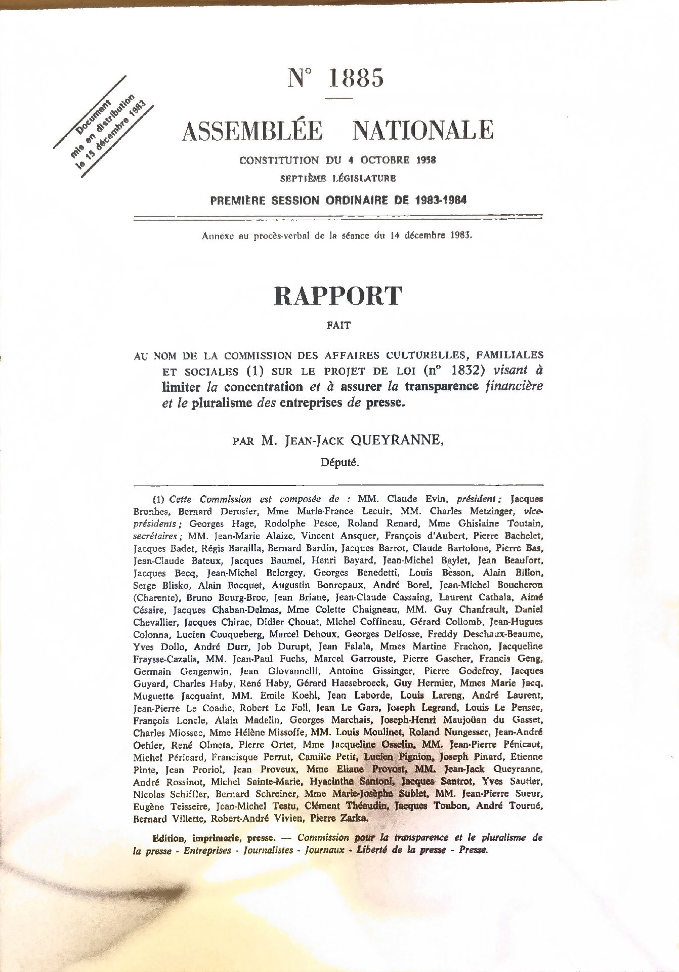 Rapport fait au nom de la Commission des Affaires Culturelles, Familiales et Sociales sur le projet de loi (N° 185) visant à limiter la concentration et à assurer la transparence financière et le pluralisme des entreprises de presse