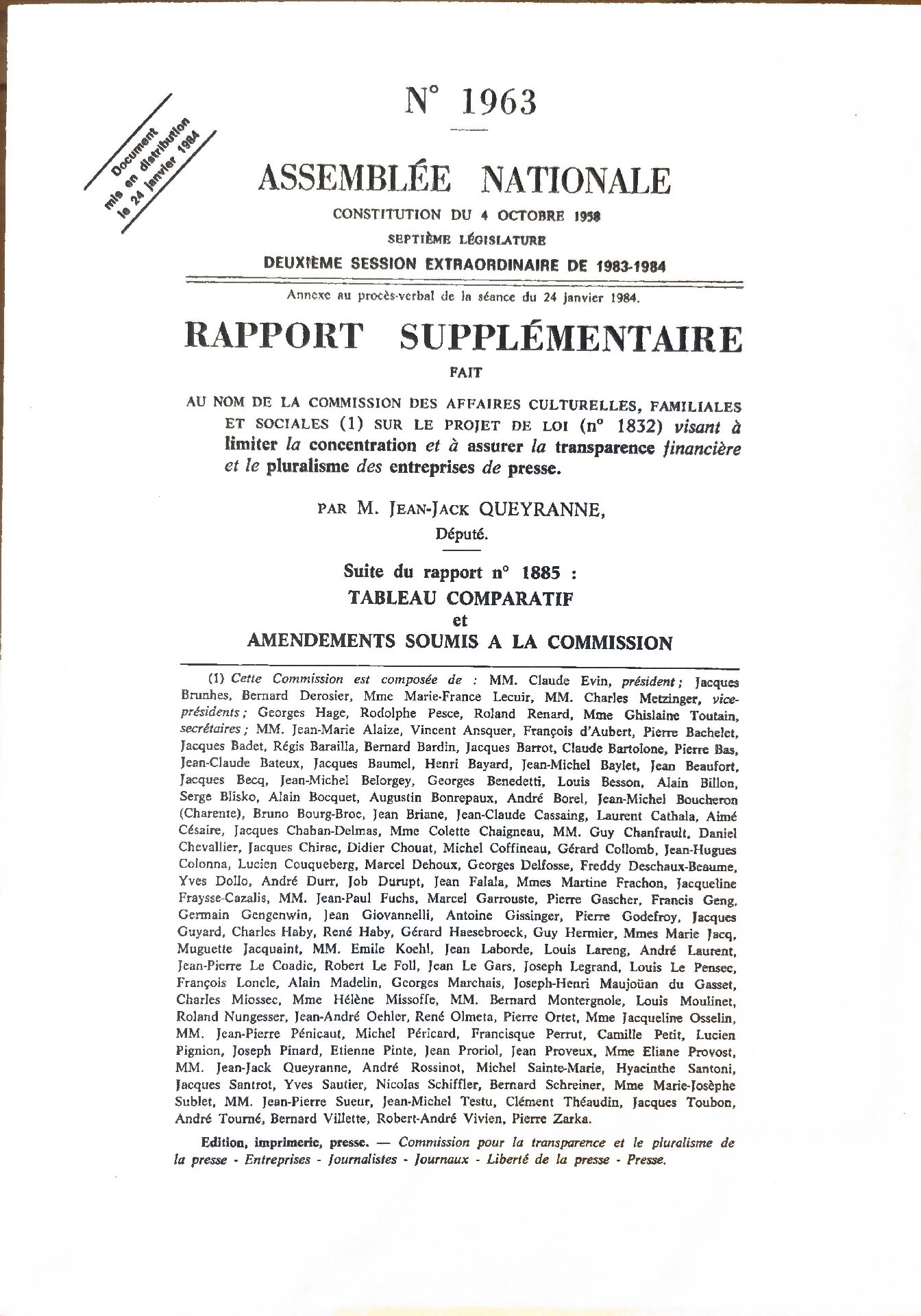 Rapport supplémentaire sur le projet de loi n° 1832 : Tableau comparatif et amendements