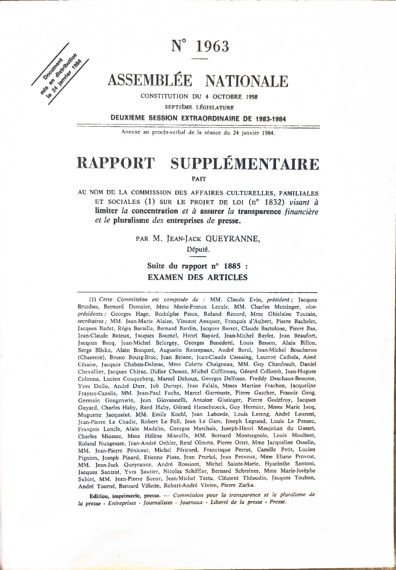 RAPPORT SUPPLÉMENTAIRE FAIT AU NOM DE LA COMMISSION DES AFFAIRES CULTURELLES, FAMILIALES ET SOCIALES (1) SUR LE PROJET DE LOI (n° 1832) visant à limiter la concentration et à assurer la transparence financière et le pluralisme des entreprises de presse