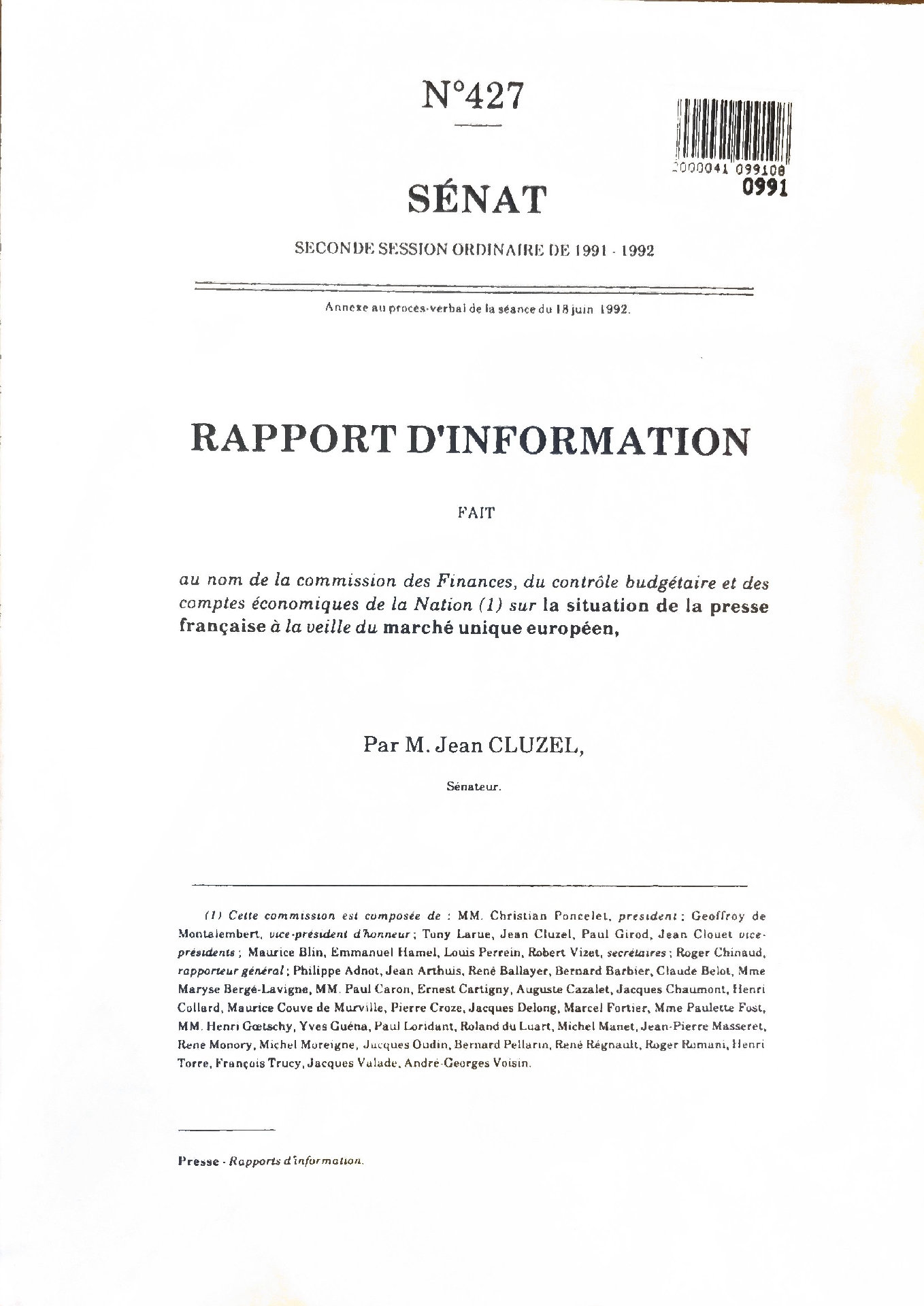 Rapport d&rsquo;information sur la situation de la presse française à la veille du marché unique européen