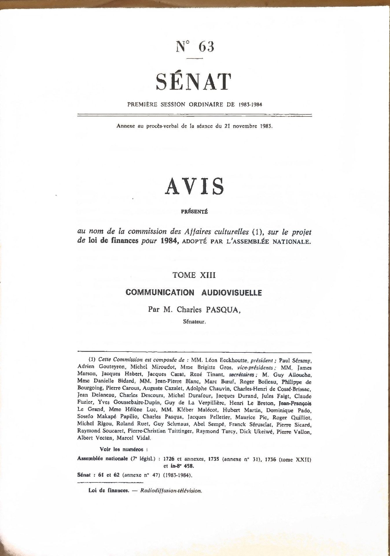 Avis sur le projet de loi de finances pour 1984 : Communication audiovisuelle (Tome XIII)