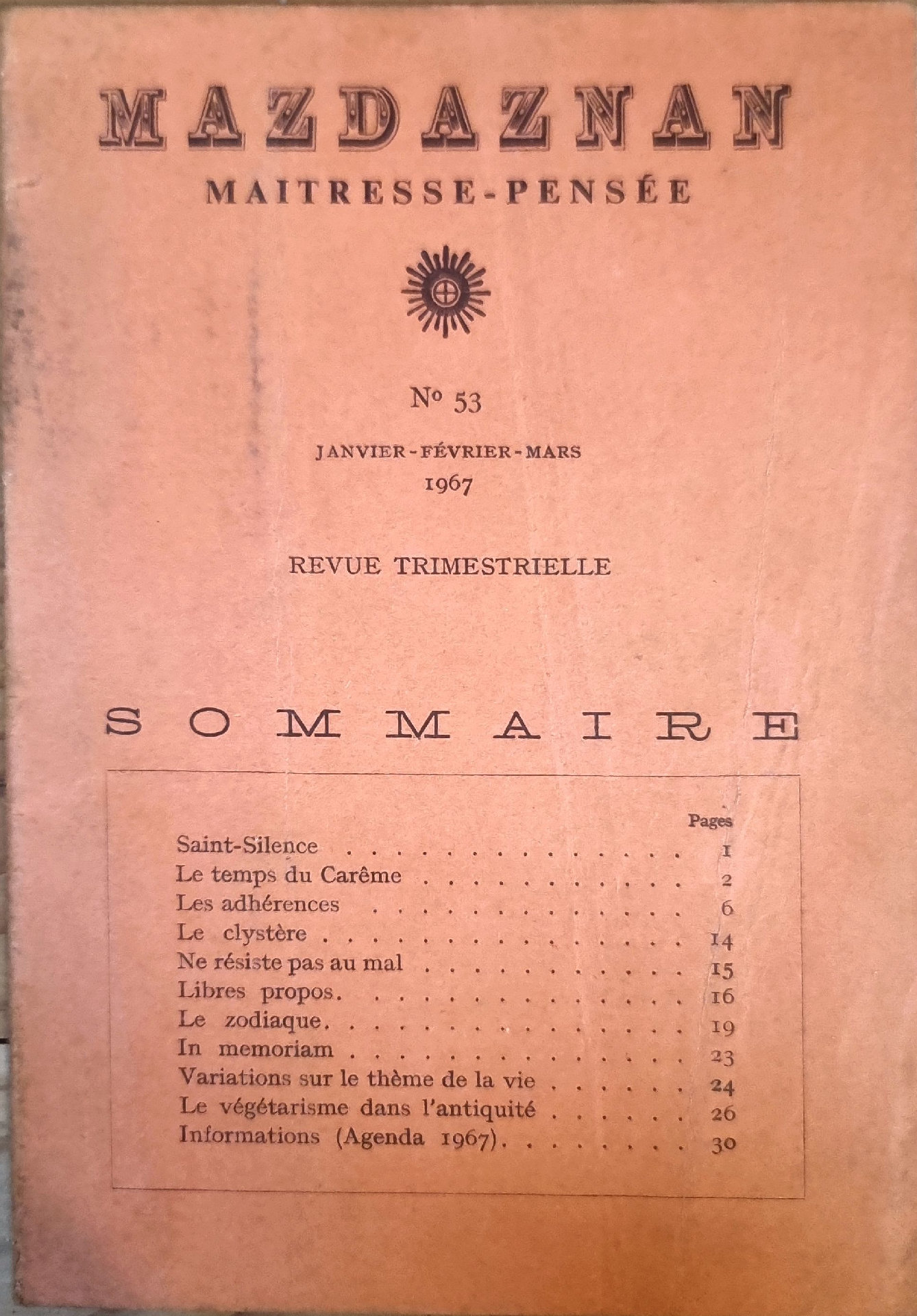 Mazdaznan – Maîtresse-Pensée, N° 53 : Janvier-Février-Mars 1967