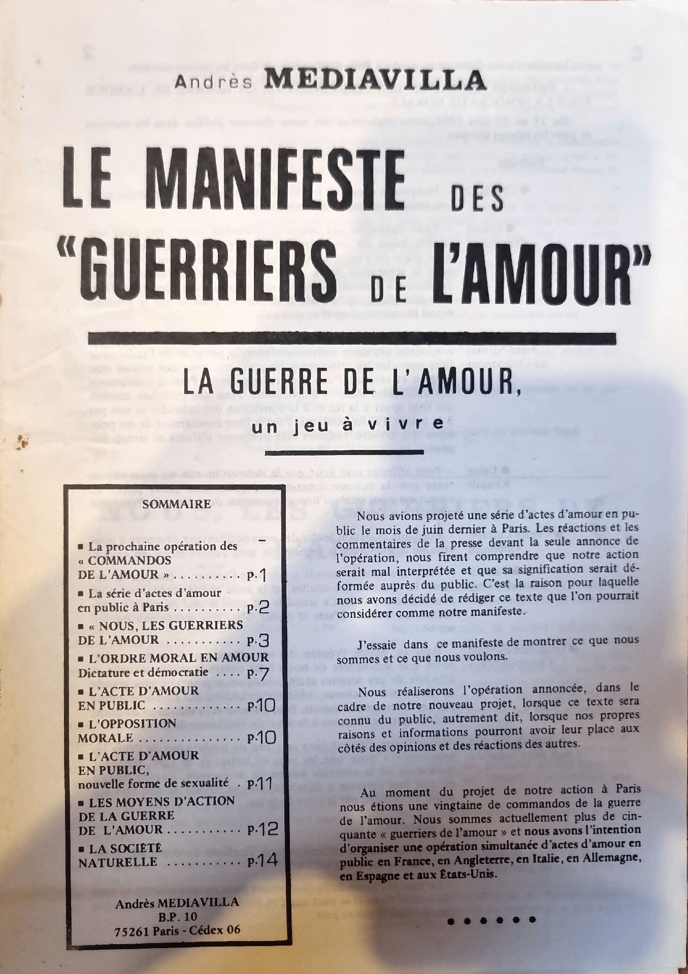 LE MANIFESTE DES « GUERRIERS DE L&rsquo;AMOUR » LA GUERRE DE L&rsquo;AMOUR, un jeu à vivre