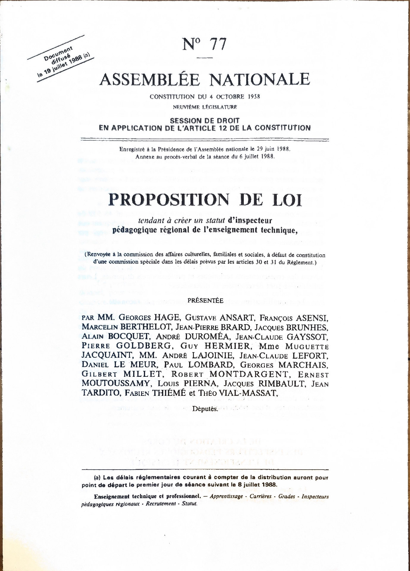 PROPOSITION DE LOI tendant à créer un statut d&rsquo;inspecteur pédagogique régional de l&rsquo;enseignement technique