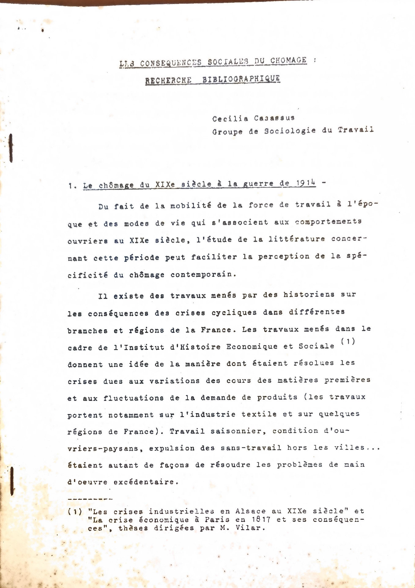LES CONSÉQUENCES SOCIALES DU CHOMAGE : RECHERCHE BIBLIOGRAPHIQUE