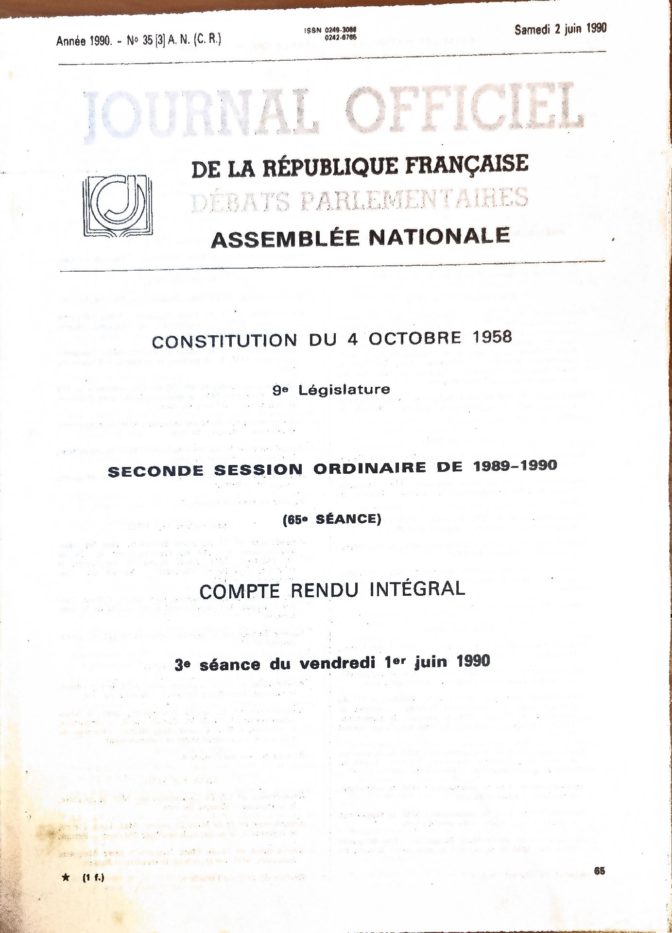Journal officiel de la République française. Débats parlementaires. Assemblée nationale. Constitution du 4 octobre 1958. 9e Législature. Seconde session ordinaire de 1989-1990. Compte rendu intégral. 3e séance du vendredi 1er juin 1990.
