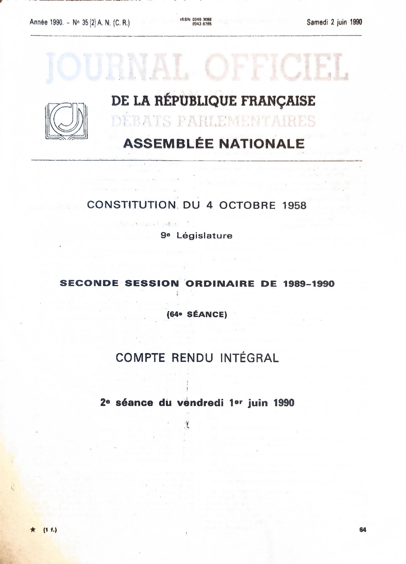 Journal Officiel de la République Française : Débats Parlementaires – Assemblée Nationale. Compte Rendu Intégral (2e séance du vendredi 1er juin 1990)