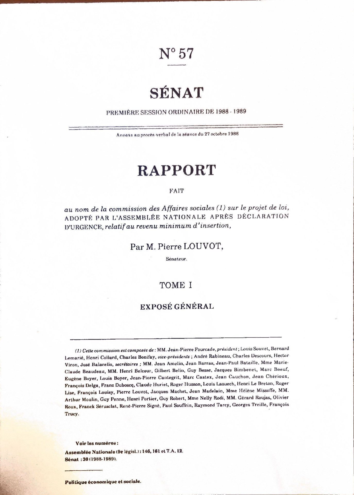 Rapport sur le projet de loi relatif au revenu minimum d&rsquo;insertion