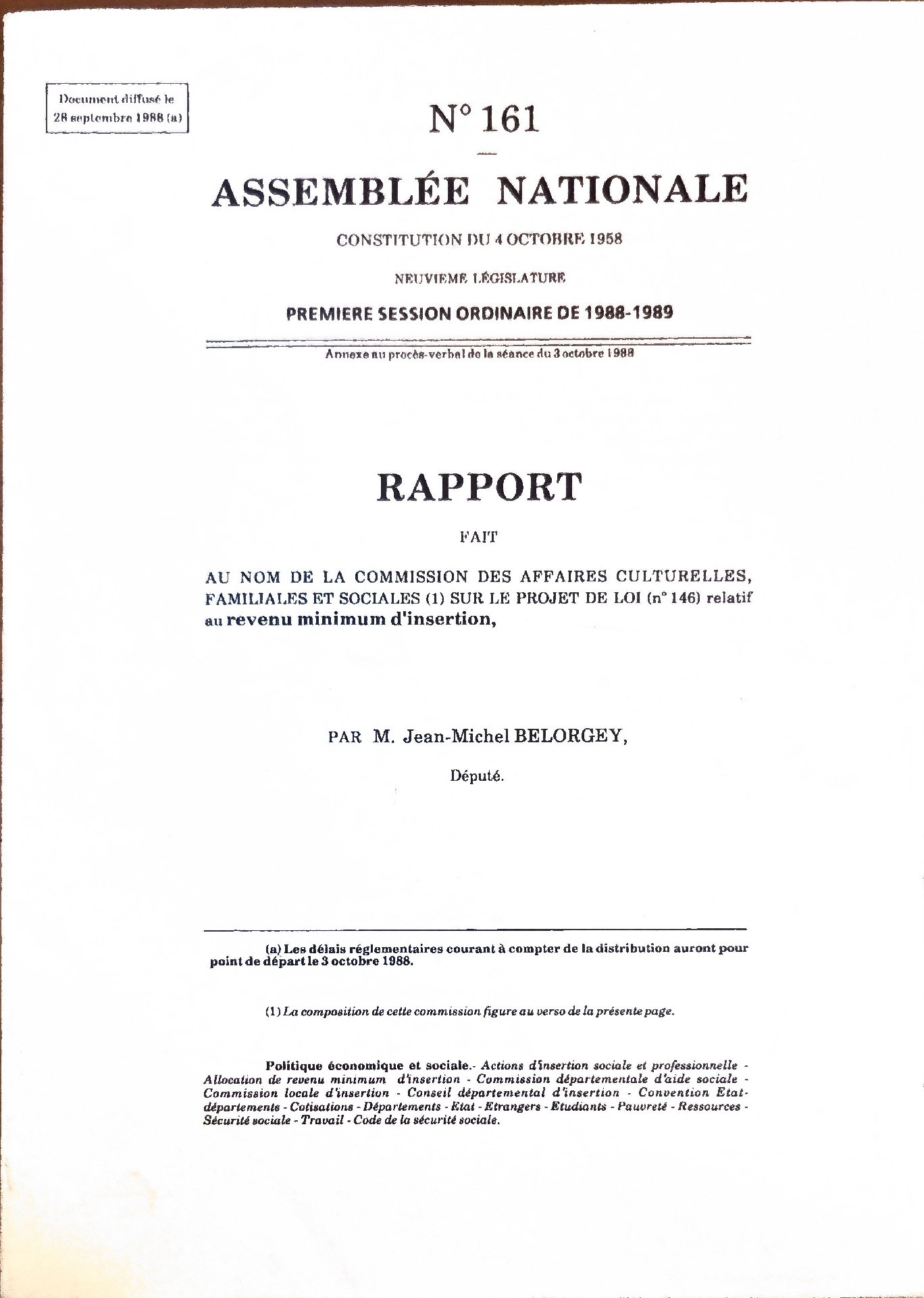 Rapport au nom de la Commission des Affaires Culturelles, Familiales et Sociales sur le projet de loi relatif au revenu minimum d&rsquo;insertion