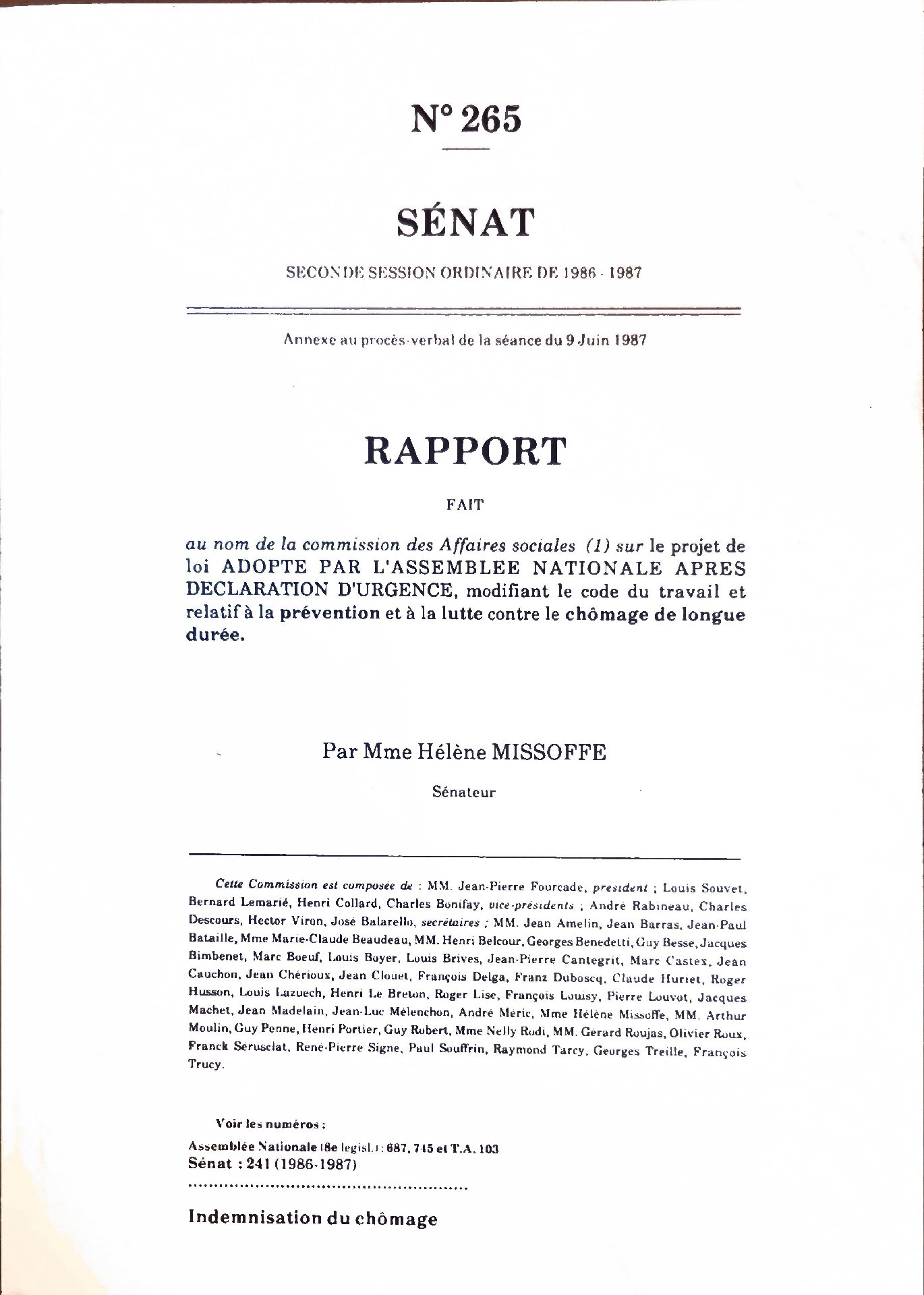 Rapport fait au nom de la commission des Affaires sociales sur le projet de loi modifiant le code du travail et relatif à la prévention et à la lutte contre le chômage de longue durée