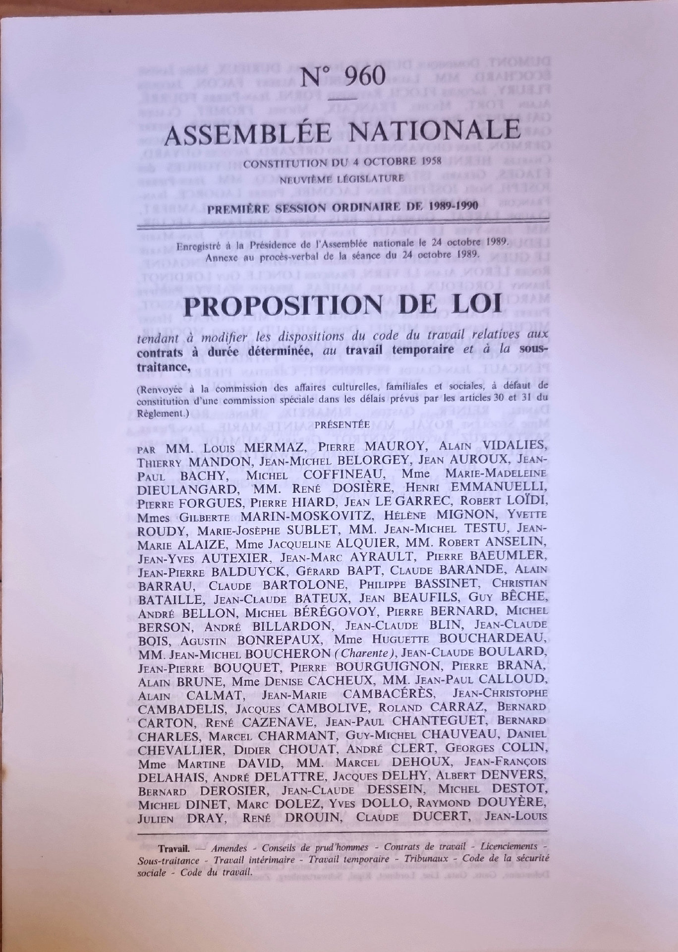 PROPOSITION DE LOI tendant à modifier les dispositions du code du travail relatives aux contrats à durée déterminée, au travail temporaire et à la sous-traitance