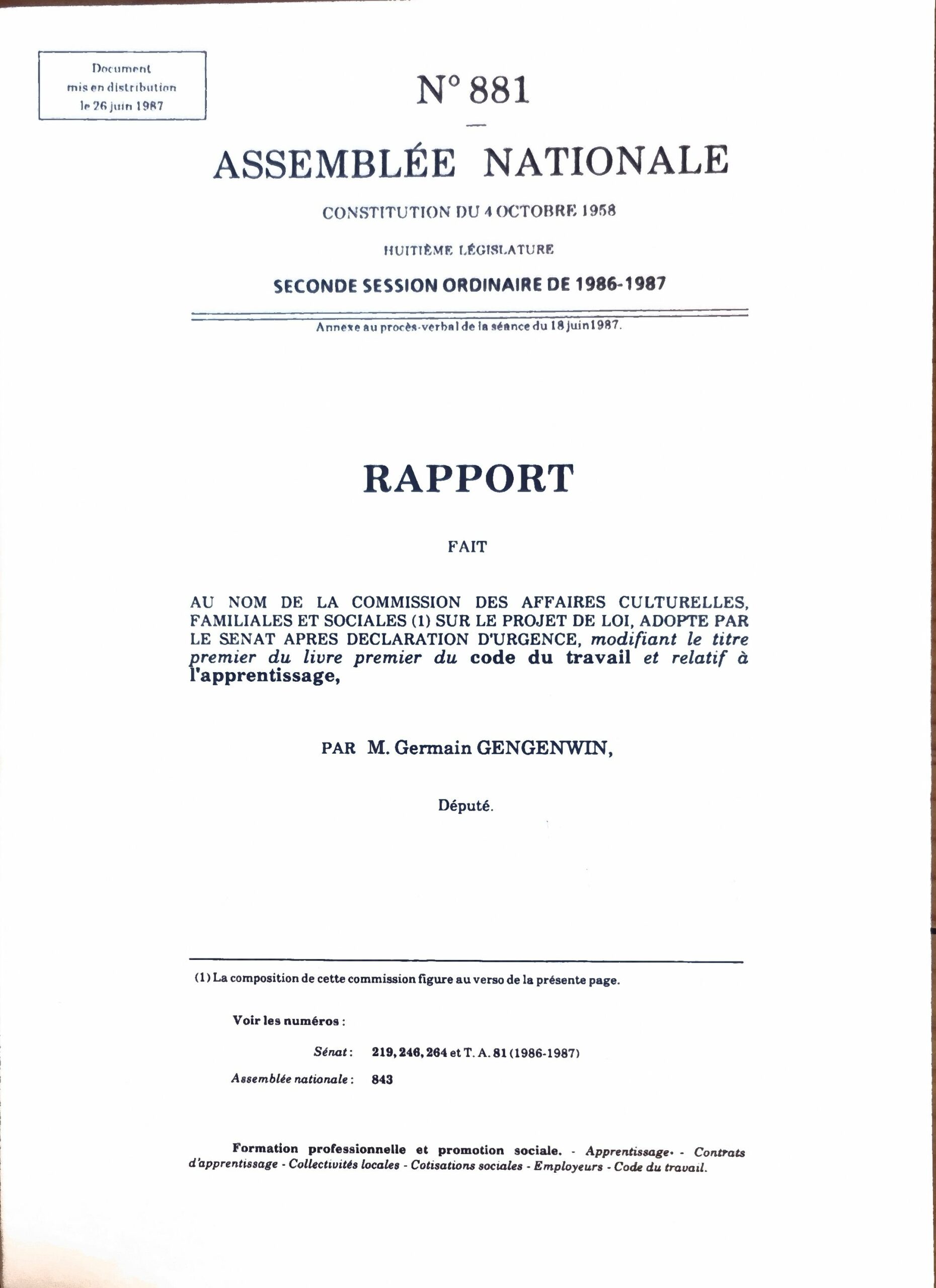Rapport sur le projet de loi modifiant le code du travail relatif à l&rsquo;apprentissage