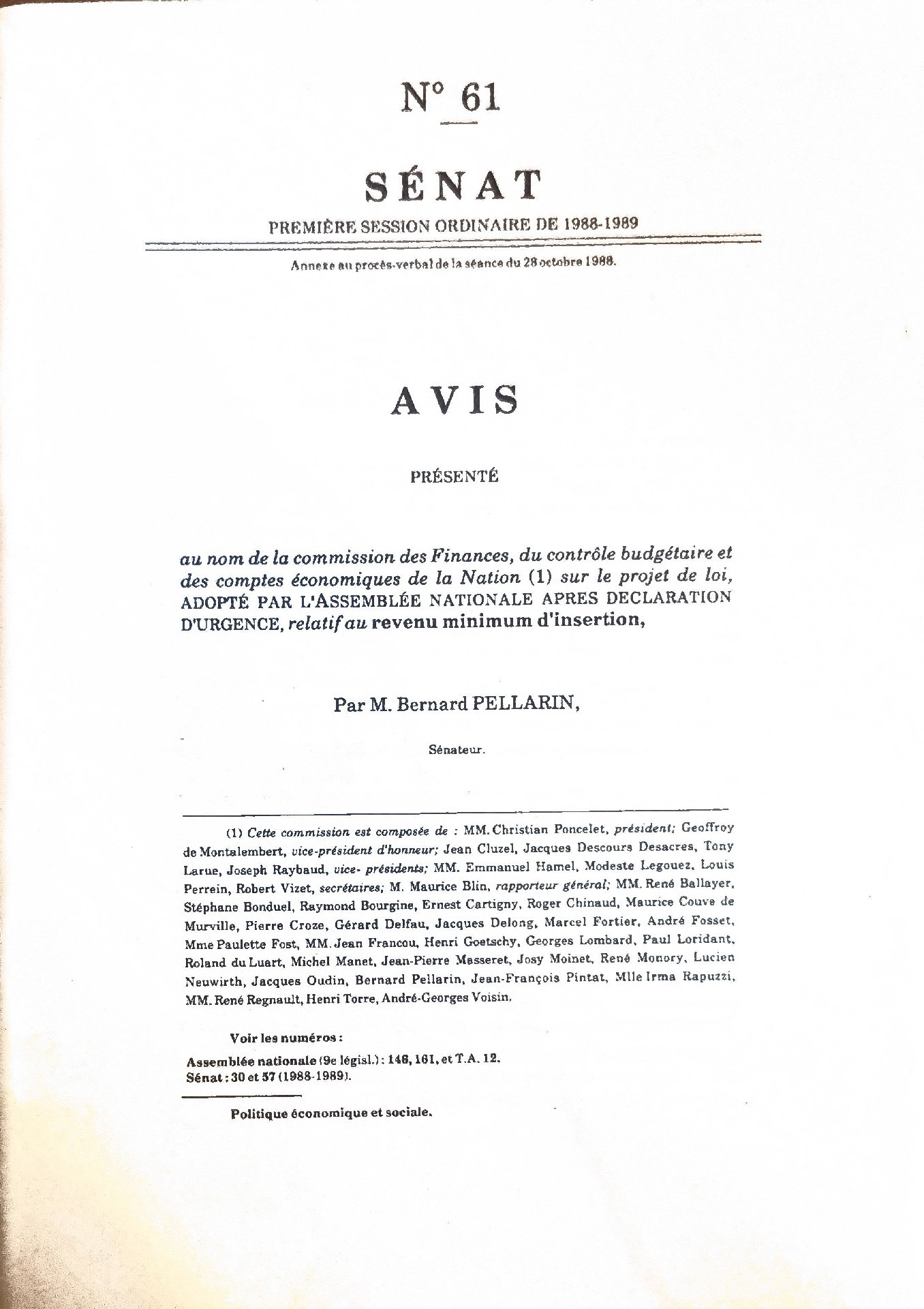 Avis au nom de la commission des Finances, du contrôle budgétaire et des comptes économiques de la Nation sur le projet de loi, adopté par l&rsquo;Assemblée nationale après déclaration d&rsquo;urgence, relatif au revenu minimum d&rsquo;insertion