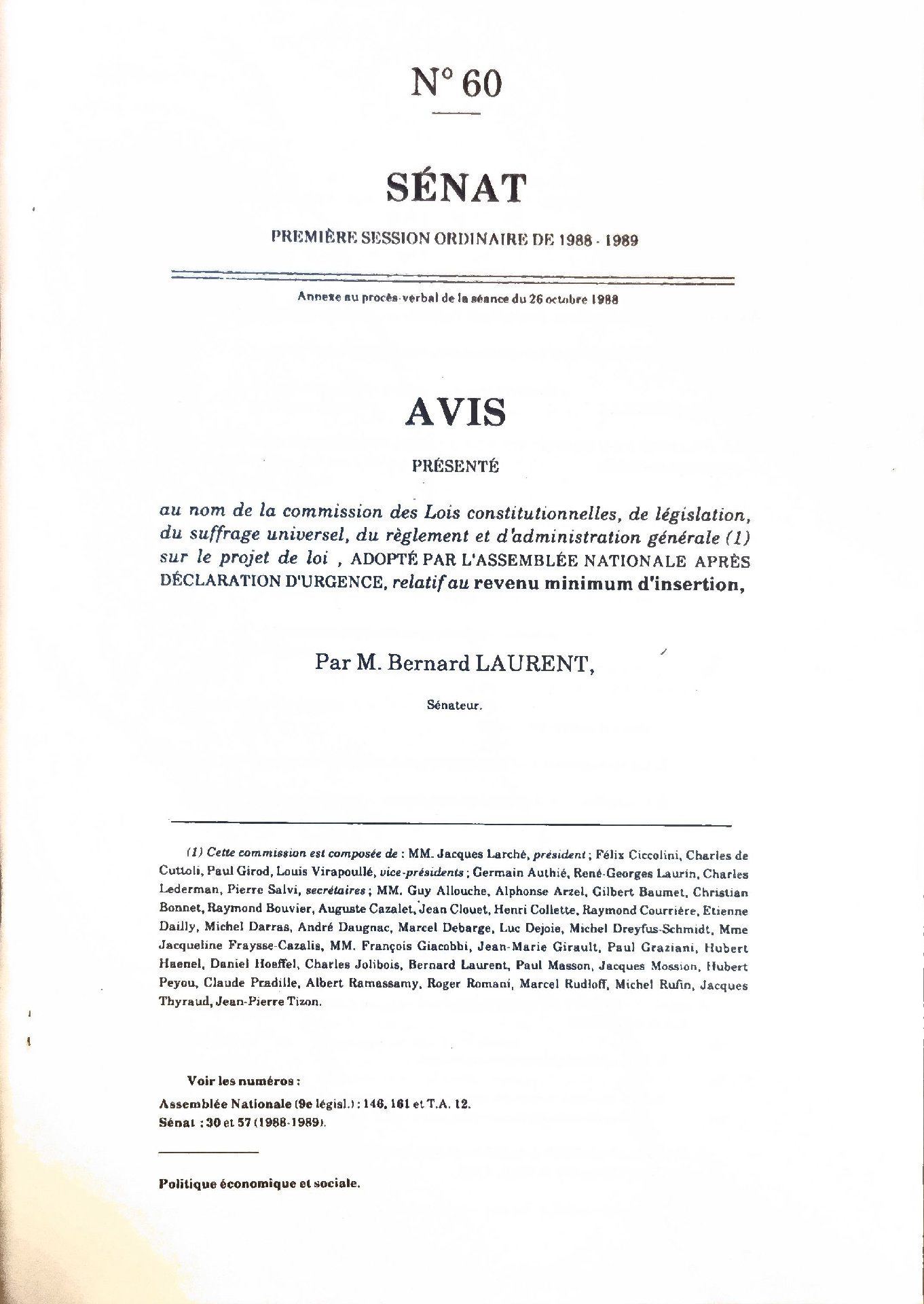 Avis sur le projet de loi relatif au revenu minimum d&rsquo;insertion