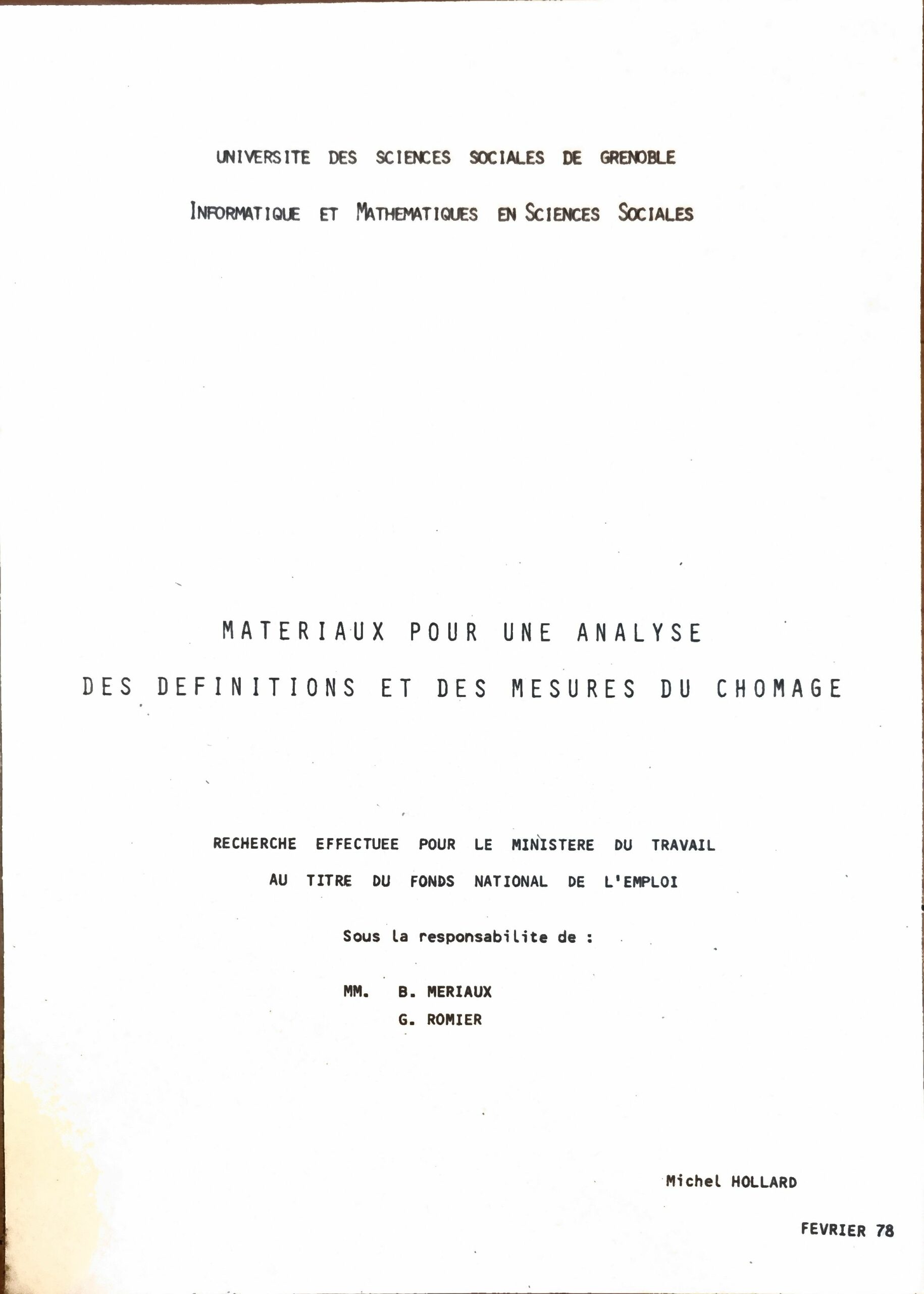 MATERIAUX POUR UNE ANALYSE DES DEFINITIONS ET DES MESURES DU CHOMAGE