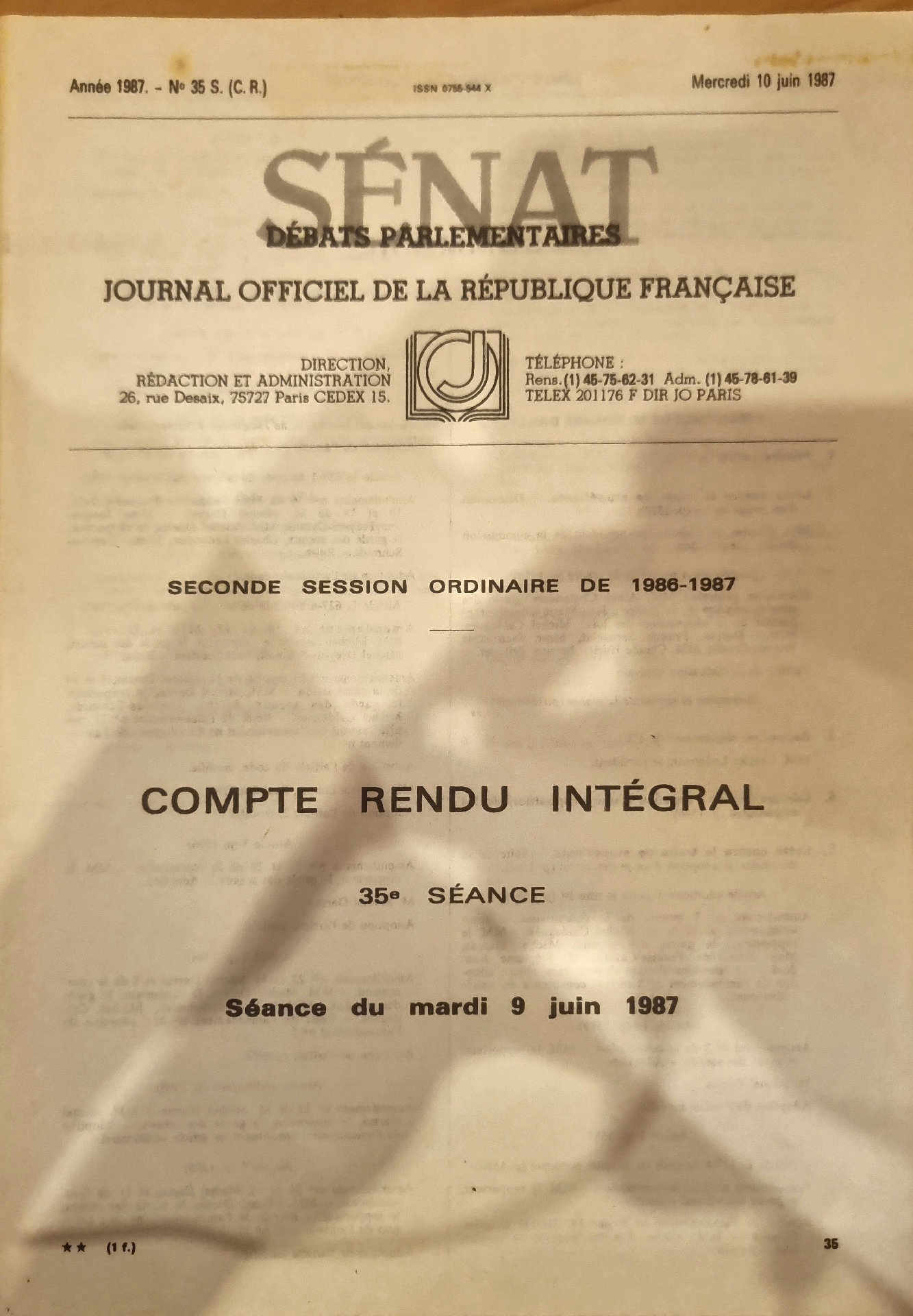 Sénat Débats Parlementaires : Journal Officiel de la République Française, Compte Rendu Intégral, 35e Séance du mardi 9 juin 1987