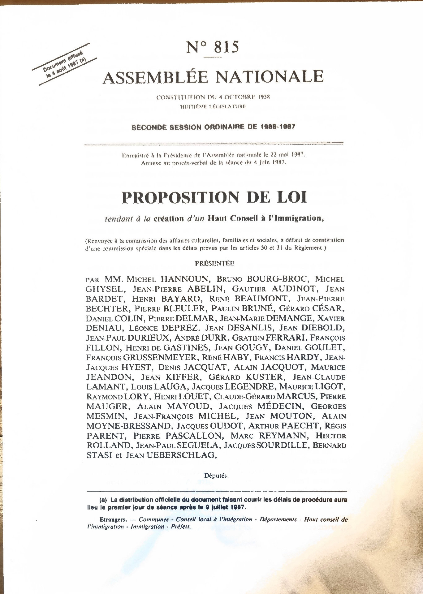 Proposition de Loi tendant à la création d&rsquo;un Haut Conseil à l&rsquo;Immigration
