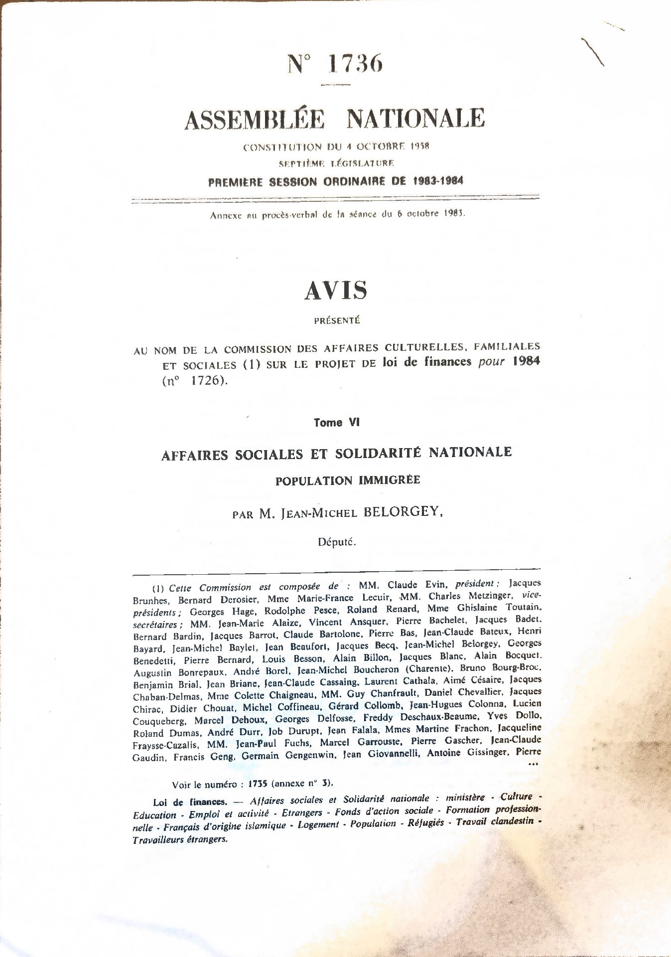 Avis (n° 1736) présenté au nom de la Commission des Affaires Culturelles, Familiales et Sociales sur le projet de loi de finances pour 1984 (n° 1726) : Affaires Sociales et Solidarité Nationale, Population Immigrée
