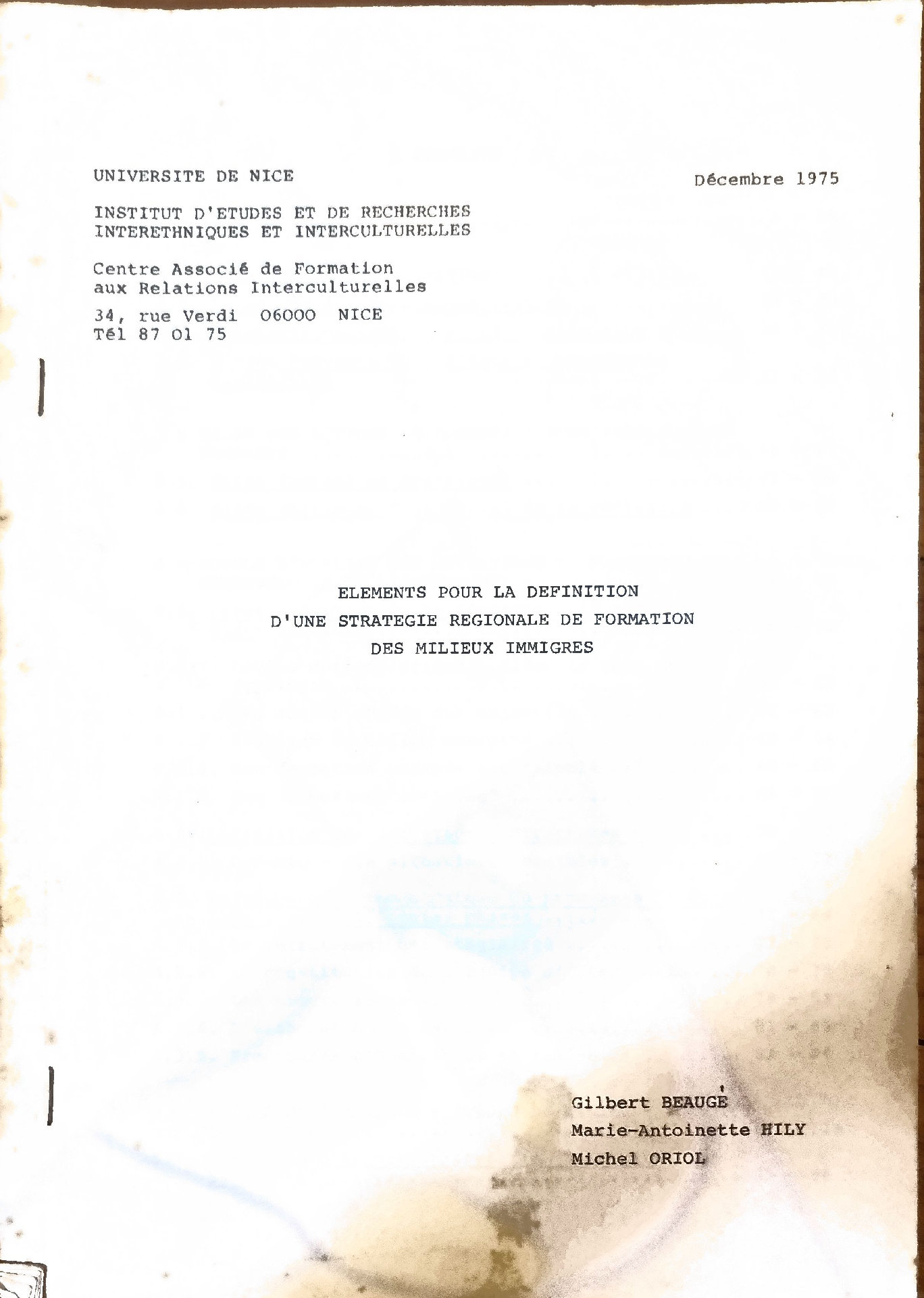 ELEMENTS POUR LA DEFINITION D&rsquo;UNE STRATEGIE REGIONALE DE FORMATION DES MILIEUX IMMIGRES