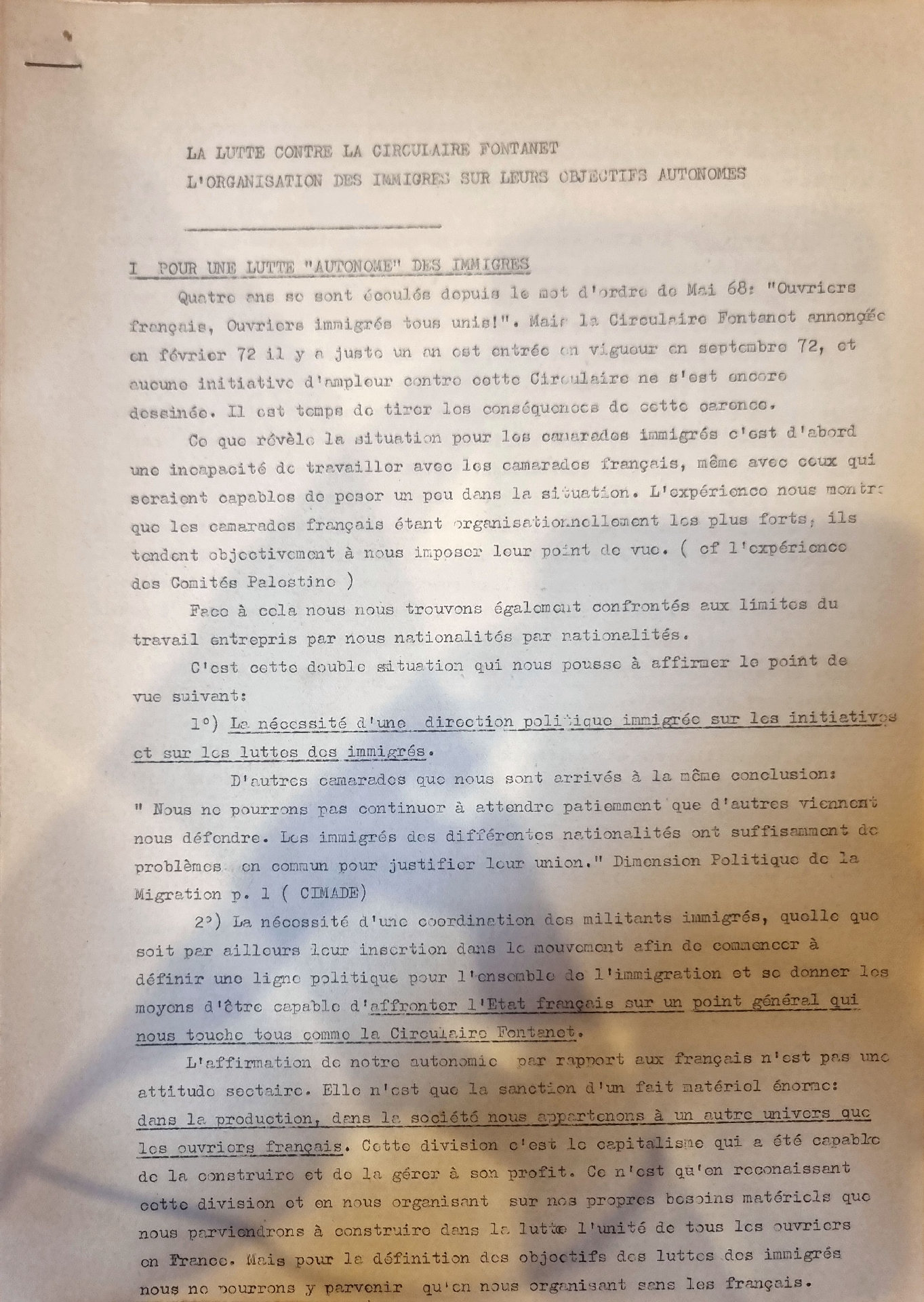 LA LUTTE CONTRE LA CIRCULAIRE FONTANET
