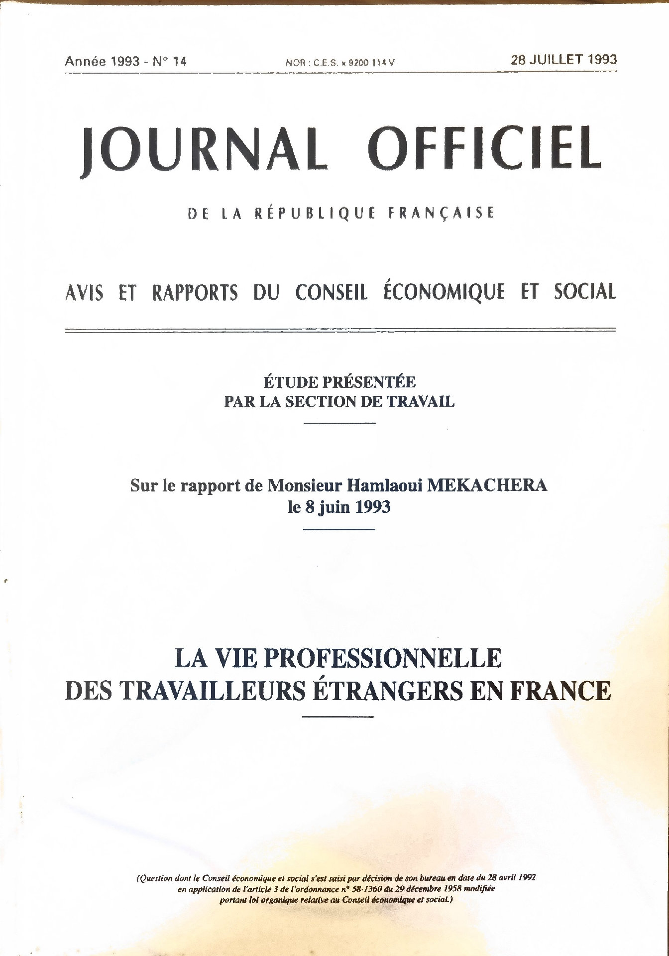 La Vie Professionnelle des Travailleurs Étrangers en France. Étude présentée par la Section de Travail, sur le rapport de Monsieur Hamlaoui Mekachera.