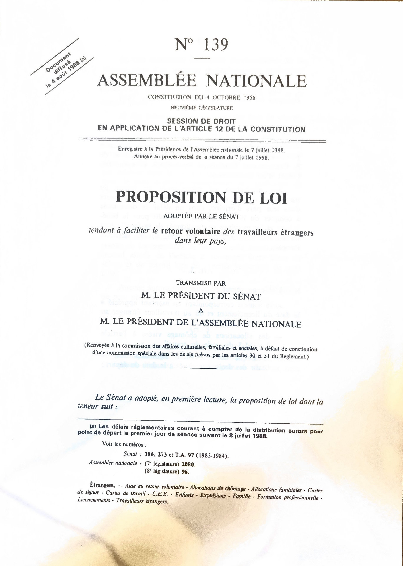 Proposition de loi tendant à faciliter le retour volontaire des travailleurs étrangers dans leur pays